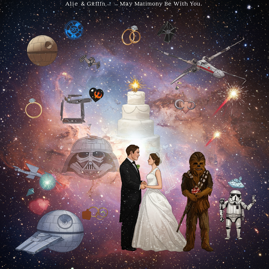 **Prompt:**  
At the top of the abstract image, "Alie & Griffin — May the Matrimony Be With You!"  

An abstract, vibrant composition bursting with cosmic colors and whimsical energy — think swirling nebulas of soft pastels and starlit speckles forming the vague outline of a lightsaber and veil-clad Stormtrooper arm in arm with a tuxedo-wearing Wookiee. Darth Vader’s helmet subtly morphs into a tiered wedding cake, with sparkler-lit X-Wings flying around it like joyful confetti. Hidden among the shapes are floating rings that double as Death Stars and love-hearts with little rebel alliance logos. A mix of geometric abstraction and galactic chaos, with layered textures to mimic stars, fabrics, and sci-fi machinery—fused into a joyful, cosmic celebration of weirdly-wonderful love.
Generated with these themes: Star wars.
Made with ❤️ by AI.