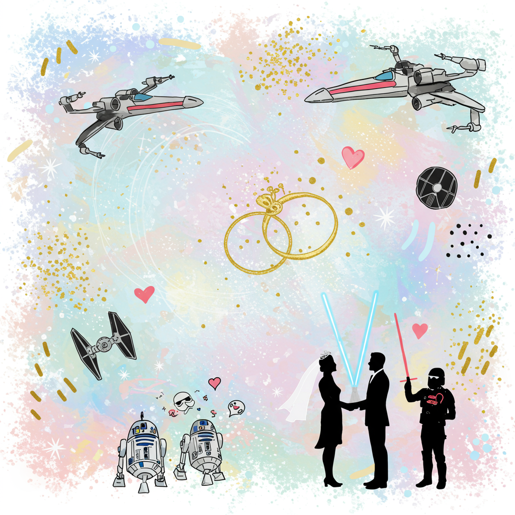 At the top of the abstract image, “May the Vows Be With You, Alie & Griffin!”

Prompt for image creation:  
Create an abstract, whimsical Star Wars-themed image with a humorous wedding twist. Incorporate stylized silhouettes or abstract shapes that hint at iconic Star Wars elements—lightsabers crossing like a unity ceremony, a droid and a Wookiee tossing confetti, and two starships joined by a glittery golden ring orbiting around them. Blend cosmic swirls, pastel stardust, and bold, vibrant shapes to evoke celebration in a galactic setting. Let the colors be bright and festive, with pops of light blues, pinks, purples, and gold. Include playful touches like floating hearts in the shape of X-Wings, and stormtrooper helmets scattered like wedding rice. The mood should be joyfully chaotic—love meets lightspeed.
Generated with these themes: Star wars.
Made with ❤️ by AI.