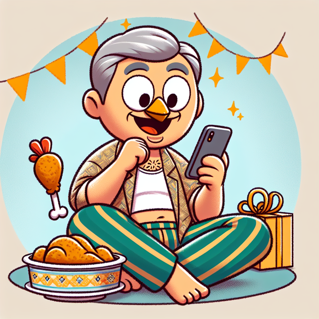 Create an illustration of a light-hearted birthday scene. The main subject is a cheerful character named 'Boynsat', dressed in his preferred trousers, seated cross-legged on the floor. He is shown with a chicken drumstick in one hand, and a mobile phone in the other, browsing through videos on a popular video-sharing platform. His face bears an amusing expression, suggesting his enjoyment in the scenario. In the background, party decorations contribute a subtle hint to the festive occasion.
Generated with these themes: Boynsat in pants watching YouTube eating chicken .
Made with ❤️ by AI.