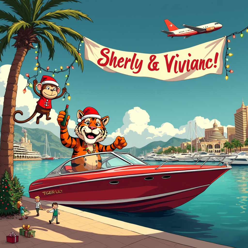 Tiger, Monaco, Speedboat, Bottle of wine, and Monkey Christmas Card