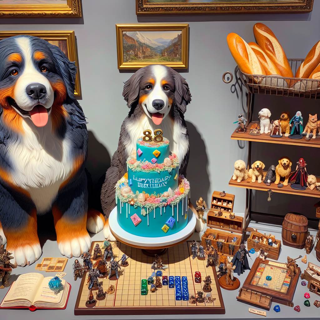 A festive birthday scene that reconciles the magic of celebration with the allure of realistic artistry. Two lifelike dogs, one Bernese Mountain and a Golden Retriever, are presented with their glossy coats exuding a sense of real-life perfection, amicably situated next to a meticulously crafted cake mimicking a baker's rack filled with artisanal bread. Details indicating affection for the game Dungeons and Dragons, such as ornately crafted character figures and personalized dice, infuse an adventurous charm into the scene. To complete the ambiance, a melange of well-liked board games, ranging from strategic to social deduction, are artfully spread across the room, hinting at the pleasure of communal gaming.
Generated with these themes: Baking Bread, Bernese Mountain Dog , Golden Retriever , Dungeons and Dragons , and Board Games .
Made with ❤️ by AI.