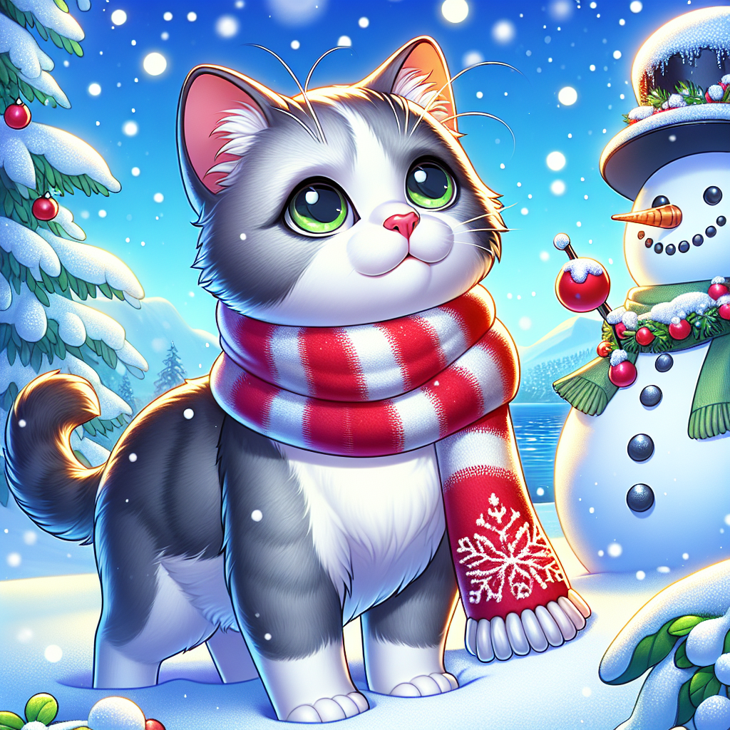In a snowy cartoon scene, a charming grey and white Domestic Shorthair Cat with a slender build sports a red and white scarf. Its bright green eyes curiously gaze at the gently falling snowflakes. The cat stands beside a jolly snowman decorated with a Christmas theme.
.
Made with ❤️ by AI.