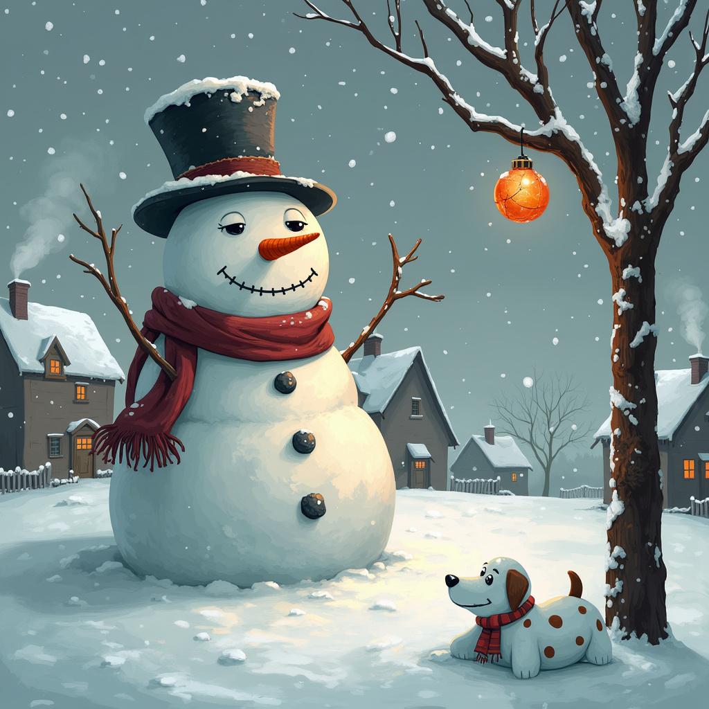 A Solemn Cartoon Christmas scene opens to a gently falling snow-covered landscape with a stout snowman at the center. The snowman stands approximately 5 feet tall, carved with a smooth surface and adorned with three coal buttons lining its front. Its round face hosts a classic carrot nose, with dark, charcoal eyes and a slightly downturned mouth, hinting a hint of melancholy. On its head rests a tattered top hat, angled slightly askew, and around its neck lies a frayed red scarf with faint hints of a once-vibrant pattern. To the snowman's right is a barren tree, its branches dusted with snow, holding a single ornament: a glass bauble with a cracked surface reflecting the dim light. The background reveals a series of small, undecorated cottages with chimneys ceaselessly puffing out trails of white smoke against the dull gray sky. In the foreground, a partially deconstructed carrot and coal dotted snowdog appears to have been abandoned, matching the forlorn theme.
Generated with these themes: Snowman .
Made with ❤️ by AI.