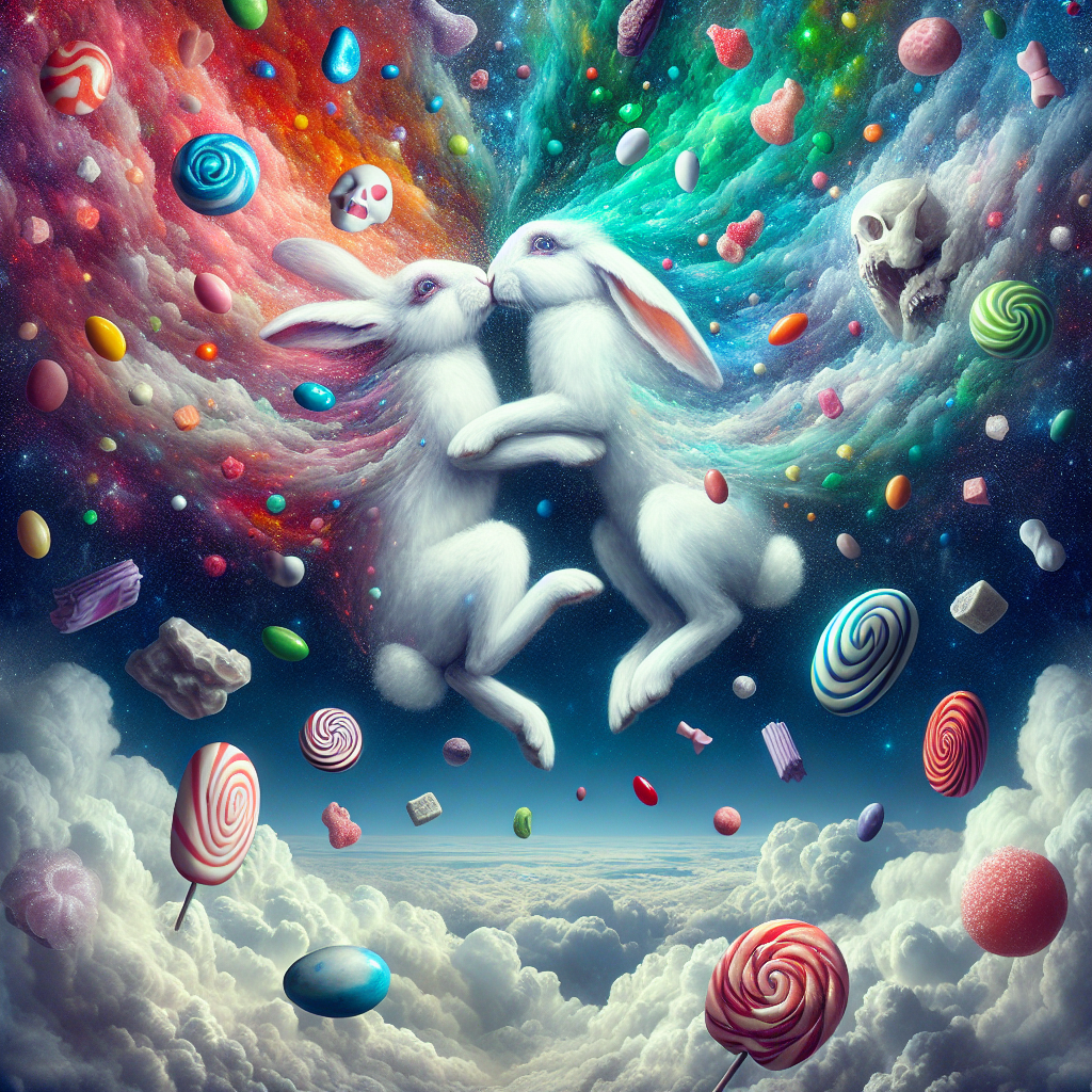 Create an image capturing a dreamlike scene, where gravity-defying white rabbits are hovering in a dance of love amidst a sky filled with vibrant candy colors. The rabbits are entwined in an affectionate embrace, floating near a copious pour of sweets that tumble from the sky like rain, signifying overwhelming joy and love. At the center, a delicately painted white skull is intermixed with the confectionery delight, its vacant eyes filled with a galaxy of stars that reflect infinite love transcending time and space, suggesting the sweet yet profound understanding of life's fleeting moments.
Generated with these themes: Rabbits, Love, Sweets, and Skull.
Made with ❤️ by AI.