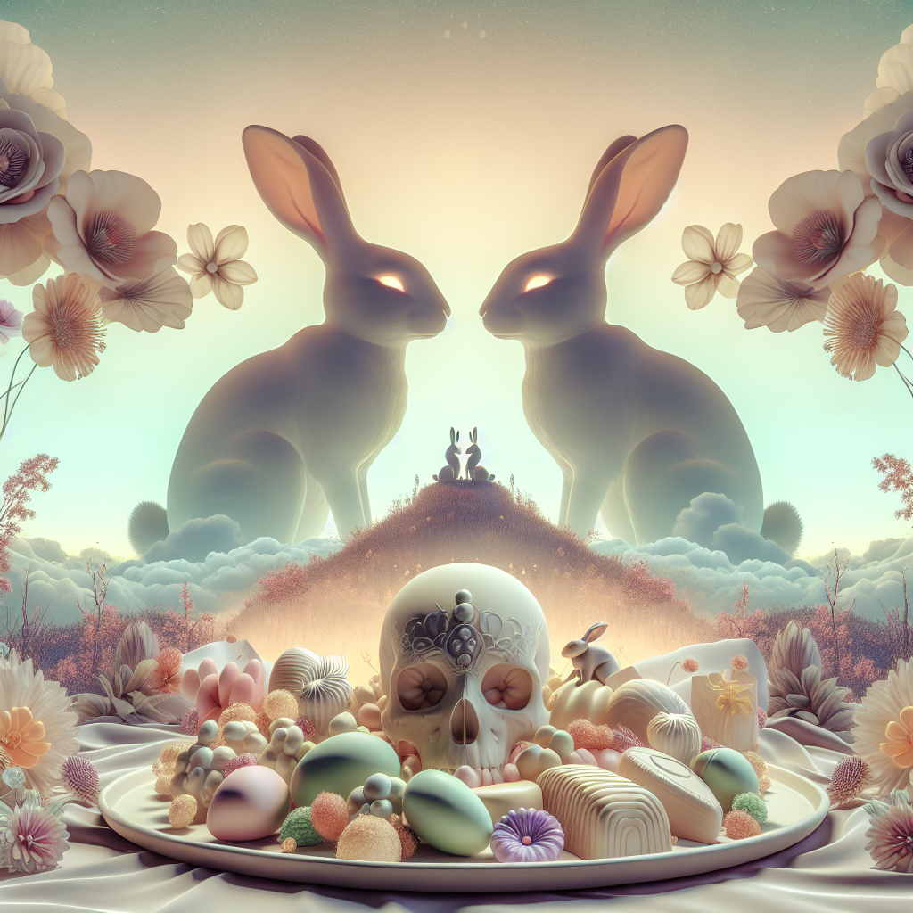Visualize a serene landscape featuring two ethereal rabbits perched atop a whimsical hill, their shapes silhouetted against a soft pastel sky. The rabbits look intently into each other's eyes, serving as a metaphor for deep love in this surreal setting. There is an elaborate platter laid between them, generously piled with an array of different sweets, representing the indulgence and sweetness that comes with shared experiences in life. To the side of the sweets, there is a skull graced with an assortment of blooming flowers, providing a contrasting yet beautiful image, reminding spectators of the eternal nature of affection that continues to exist despite life's unchanging end.
Generated with these themes: Rabbits, Love, Sweets, and Skull.
Made with ❤️ by AI.