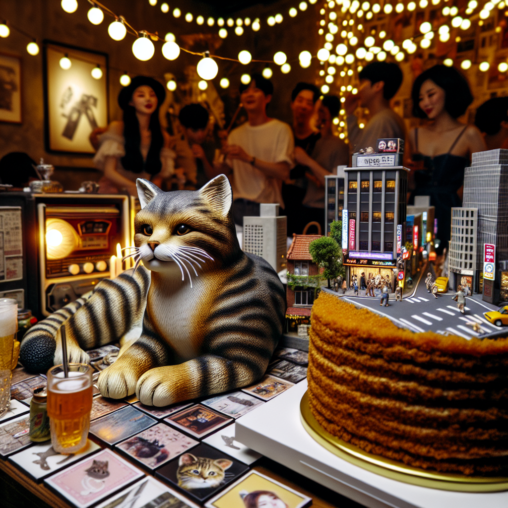 The room buzzes with celebratory energy, as the string lights cast a warm glow over an urban scene reflective of Seoul. Amid the laughter and lively chatter, a remarkably realistic tabby cat reclines comfortably, its fur adorned with exquisite patterns. A lavish carrot cake layered with smooth icing sits at the heart of the festivity. This cake is flanked by edible miniatures mimicking the streets of Seoul. Guests flaunt their temporary tattoos reflecting the birthday theme, each unique and full of charm. An old record player subtly crackles in the background, drawing everyone into the joyous moment.
Generated with these themes: Tabby cat, Carrot cake, Tattoos, Seoul, and Records.
Made with ❤️ by AI.
