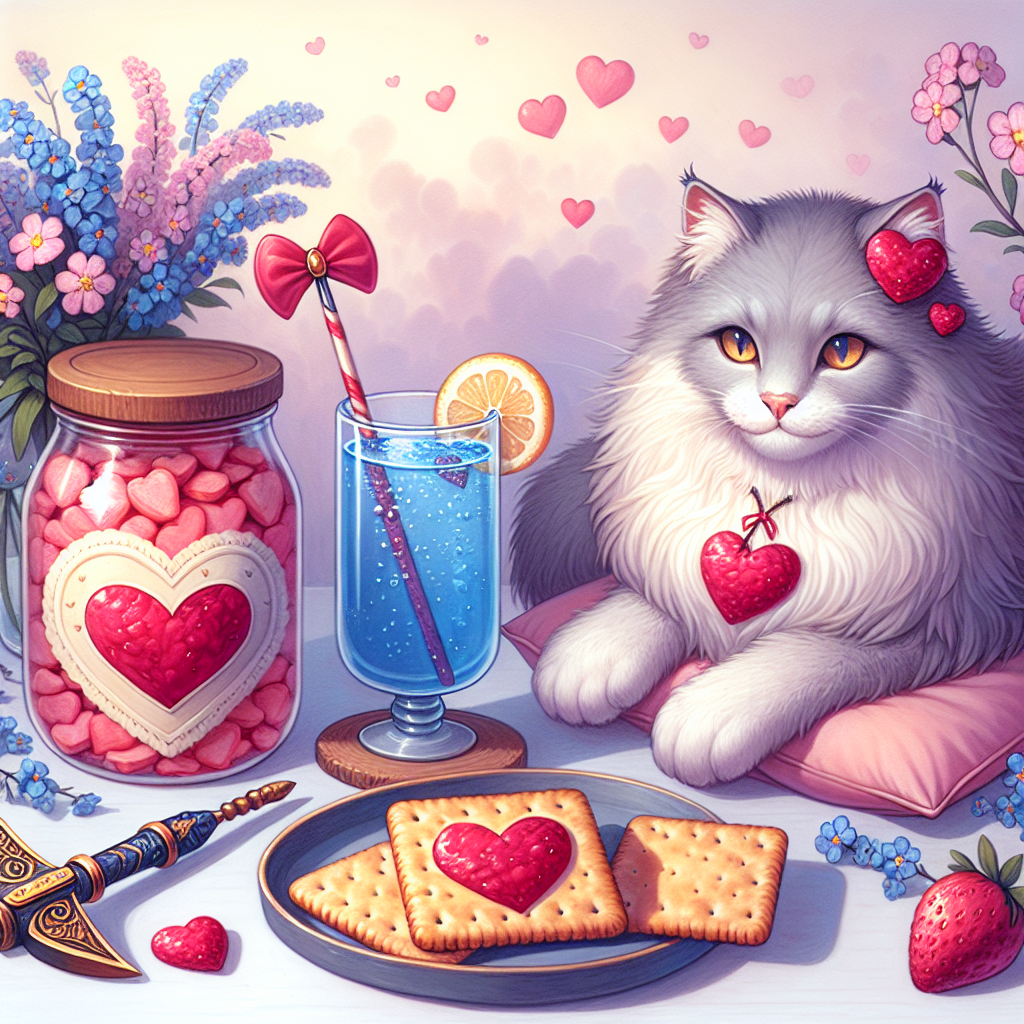 Depict a Valentine's Day scene set against a backdrop of gentle blush and lilac. In the scene, a long-haired cat with a cupid's bow lounges atop a cushion. The cat sits before a heart-adorned jar of strawberry jam that's been partially spread on a cracker, illustrating the delight of sharing. Nearby, a blue drink with a slice of lemon has heart-shaped bubbles steadily rising to the surface. Unexpectedly, a warhammer intricately decorated with forget-me-nots lies near the drink, juxtaposing strength with the day's tender sentiment.
Generated with these themes: Long haired cat, Strawberry jam, Blue drink, and Warhammer.
Made with ❤️ by AI.