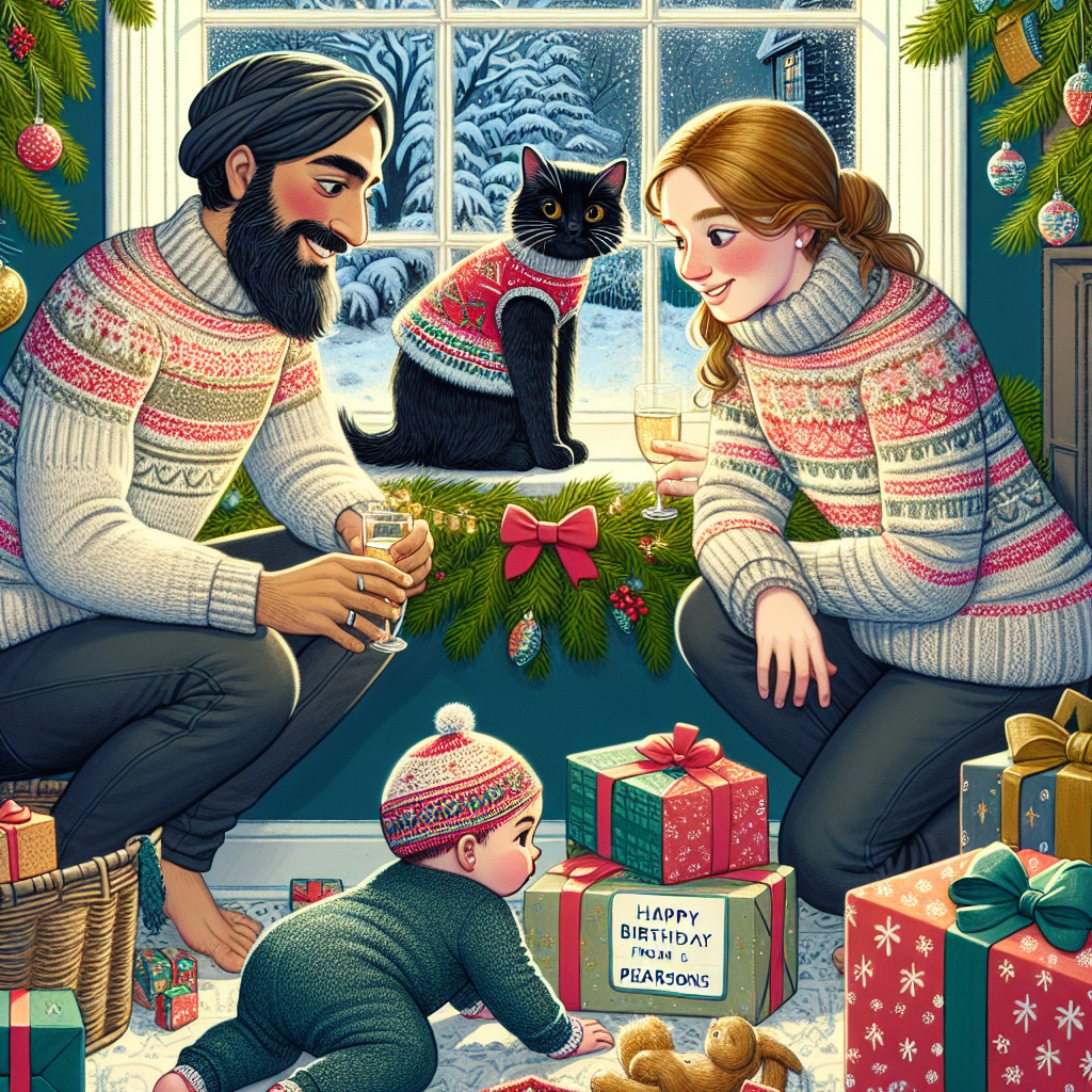 In this heartwarming Christmas illustration, a black tabby cat sits perched in a decorated windowsill, curiously observing a white baby crawling towards a pile of wrapped presents. Nearby, a man in his 30s with dark hair and a beard shares a toast with a woman who has a matching hairstyle, both wearing comfy Christmas sweaters. Framed by evergreen boughs, 'Happy birthday from the Pearsons' is lovingly displayed on the mantelpiece.
Generated with these themes: Black tabby cat, White baby, Man dark hair and beard in his 30s, and Woman with dark hair in her 30s.
Made with ❤️ by AI.