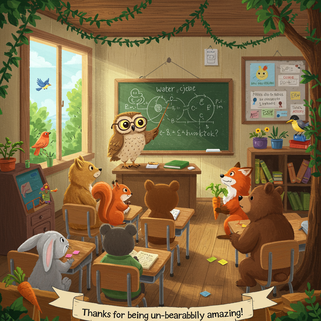**Prompt for Image Creation:**

Imagine a vibrant cartoon scene in a classroom nestled in the middle of a lush forest. The classroom is filled with various forest animals acting as both students and teachers. A wise owl with thick glasses is at the chalkboard, pointing with a stick to a diagram of the water cycle, drawn with colorful chalk. The owl is wearing a little professor's hat, adding to the humor. 

In the audience, a group of animals, including a squirrel with a pencil tucked behind its ear, a fox with a notepad, and a bear struggling to sit on a small desk chair, are paying rapt attention. The squirrel raises its paw eagerly, perhaps to ask a question about photosynthesis. In the background, a bunny in the front row is secretly munching on a carrot, trying to hide it under its desk.

The environment is rich with detail: vines creeping in through the open windows, birds perched on the sill, and the sun casting dappled light through the leaves of the trees.

Add a small banner at the bottom of the image with the playful text: "Thanks for being un-bear-ably amazing!"
Generated with these themes: Teaching, Environment , Nature, and .
Made with ❤️ by AI.
