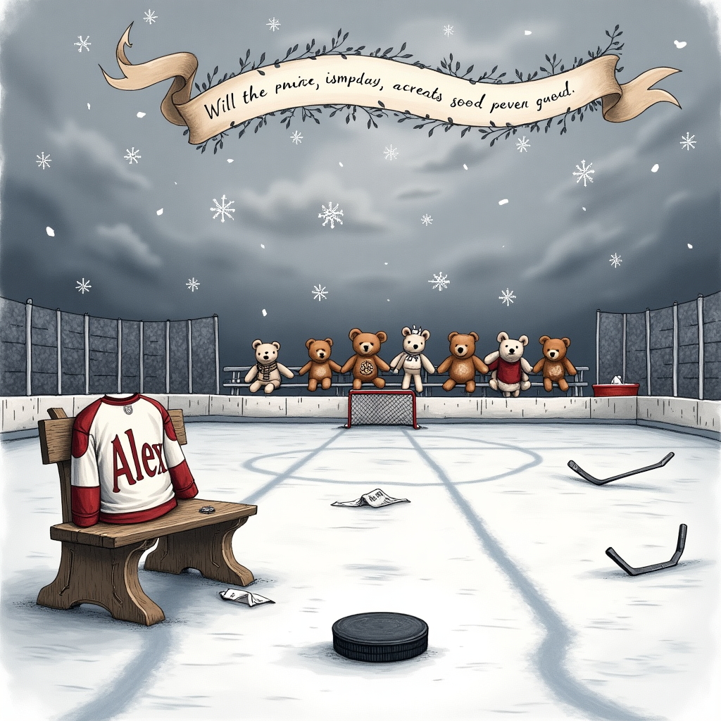 In the foreground, envision a detailed, hand-drawn hockey rink, complete with icy textures that shimmer in various shades of blues and silvers. A deflated hockey puck rests forlornly at the center, sketched with crosshatched shading reminiscent of Edward Gorey’s work. Scattered around the puck are abandoned hockey sticks, each intricately illustrated with swirling patterns and splintered ends.

Off to one side, a vintage locker room bench crafted in the style of N.C. Wyeth stands empty, its worn wooden surface etched with tiny carvings and initials. Draped over one corner of the bench is a tattered hockey jersey, its fabric captured in detailed linework, with "Alex" boldly embroidered across the back in red, stylized as if by Quentin Blake.

In the background, the bleachers are filled not with spectators, but with oversized stuffed animals, their fur drawn with delicate pen strokes, echoing Maurice Sendak’s fantastical creatures. They sit in a row, holding tissues in their plush paws, their expressions playfully detailed and slightly melancholic.

Above the rink, the sky is a swirling mix of gray and lavender hues, reminiscent of Maxfield Parrish’s ethereal skies. Soft, hand-drawn clouds drift aimlessly, each with a lace-like quality similar to Beatrix Potter’s gentle lines.

Interspersed among the clouds, delicate snowflakes gently fall, each one meticulously rendered with a unique design, echoing the intricate details found in Aubrey Beardsley’s artwork.

Finally, a small, whimsical banner floats across the top of the scene, its edges frayed and decorated with swirling vines, akin to the work of Arthur Rackham. The banner bears a simple, heartfelt message in a handwritten script, tying together the elements in a harmonious blend of artful storytelling.
Generated with these themes: Sad hockey.
Made with ❤️ by AI.