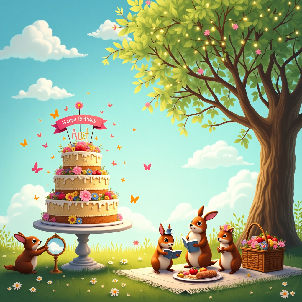 The front cover of the greeting card unfolds into a serene and whimsical birthday scene set in a lush, green meadow under a radiant sky. The centerpiece of this delightful vista is a towering, multi-tiered birthday cake standing proudly on a quaint, white wooden table. The cake is decorated with vibrant, edible flowers and butterflies that seem almost lifelike. The top tier of the cake proudly displays a colorful banner that arches across, spelling out “Happy Birthday Aunt Inez” in bright, candy-colored letters. To the right of the cake, a small choir of animated woodland creatures – including a family of rabbits, a hedgehog with a tiny top hat, and a pair of deer with delicate crowns of daisies – are gathered in song, holding tiny hymn books that subtly allude to the theme "God is good" with miniature musical notes floating above them like a melodic halo.

In the background, a picturesque tree with sprawling branches extends towards the sky, each leaf glistening in the sunlight. Nestled within the branches are delicate strings of fairy lights that twinkle gently. On the ground, beneath the tree, a picnic blanket is spread out, with a basket overflowing with fruits and goodies, inviting a moment of peace and gratitude. Above, the sky is a brilliant expanse of blue, dotted with fluffy white clouds that form whimsical shapes. Hidden among them, almost like a celestial secret, the phrase “God is good” is subtly etched in the formation of the clouds, capturing the theme with gentle reverence.

In the corner of the card, a friendly little squirrel holds a tiny, ornate mirror, which playfully reflects the sunlight, adding a touch of magic to the scene. The entire composition harmonizes the themes with intricate, realistic details, celebrating Aunt Inez’s special day with a blend of enchantment and heartfelt wishes.
Generated with these themes: God is good..
Made with ❤️ by AI.