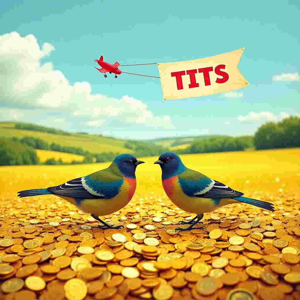 Front Cover Design:

In the foreground, a lush field of vibrant gold coins stretches out endlessly, shimmering under the golden afternoon sun. Each coin appears exquisitely detailed, with their lustrous surfaces reflecting a kaleidoscope of golden hues, adding an air of opulence to the landscape. Nestled in Essex, England, this field of coins replaces the traditional fields of flowers with something unexpectedly dazzling.

Amidst the sea of gold, two plump and lifelike Eurasian Blue Tits are perched atop a mound of coins. Their feathers are captured in realistic detail, showcasing a spectrum of blues, greens, and yellows, each hue sharp and vivid against the shimmering gold backdrop. The birds appear to be engaging in a playful interaction, one with its wings slightly spread as if mid-conversation.

In the background, the quintessential rolling hills of Essex are visible, covered in a lush, verdant green, adding a contrast to the golden foreground. The sky above is a bright, clear blue with a scattering of fluffy white clouds, providing a serene backdrop to the vibrant scene below.

A whimsical touch is added with a small red airplane flying through the sky, pulling along a sky banner. The banner is comically oversized compared to the plane, fluttering dramatically in the wind. Boldly printed in cheerful, sky-blue letters on the banner is the word "TITS."

This cheeky play on words, paired with the realistic charm of the natural scene, creates a captivating and humorous Valentine's Day card cover.
Generated with these themes: beautiful fields or gold coins in essex england.
Made with ❤️ by AI.