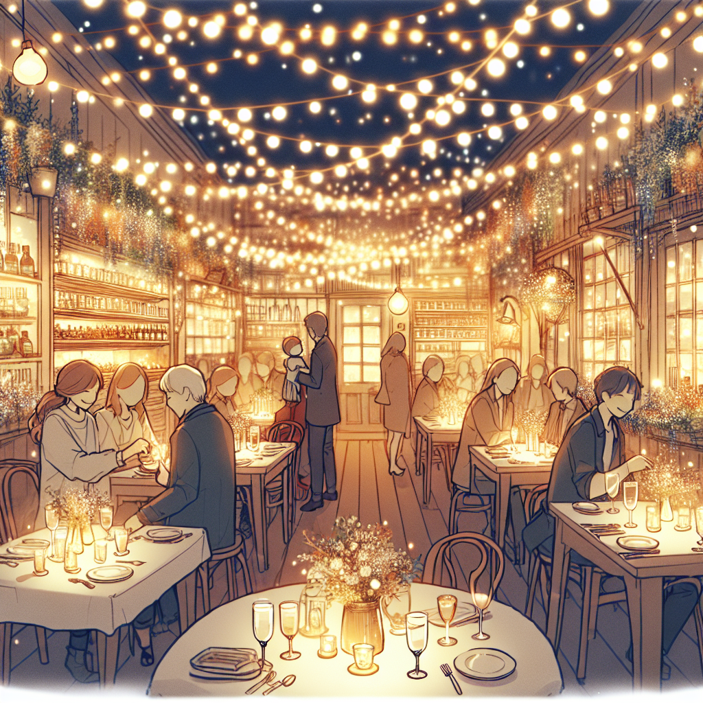 Visualize a charming, cozy restaurant, illuminated by dainty string lights that cast a warm, bewitching glow. The interior is reminiscent of a picturesque, rustic market, exuding a comforting charm. Small tables are meticulously laid out, each boasting fine china, crystal glasses, and a small vase with fresh flowers for a touch of romantic simplicity. A diverse collection of couples, of various descents and genders, are celebrating their anniversaries. Their contented murmurs blend with the gentle strumming of a live quartet. Imagine this ambiance akin to a peaceful shopping evening in a dreamy small town, where each transaction feels precious, and time slips away in a beautiful dance of affection.
Generated with these themes: Restaurant shopping and music.
Made with ❤️ by AI.