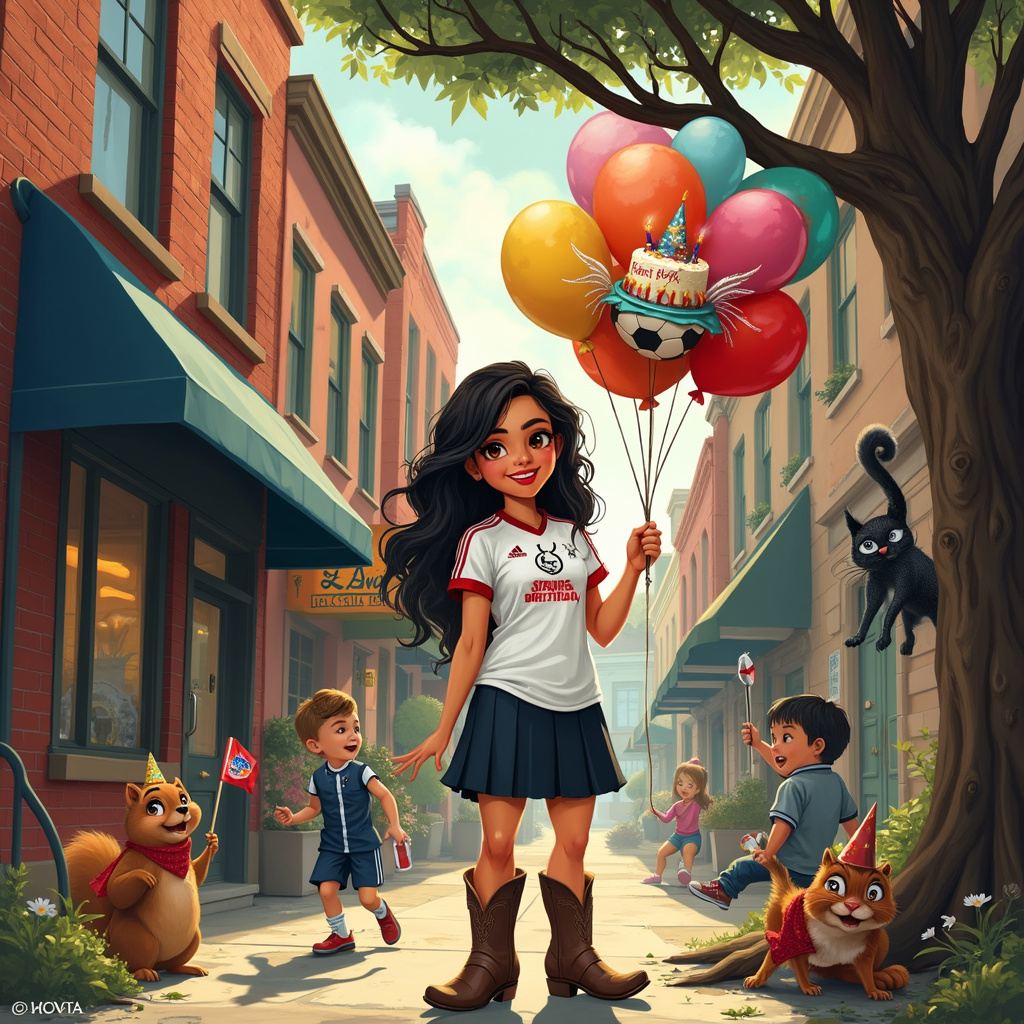 Imagine a lively city street, where a delightful, birthday-themed scene unfolds. At the center, a vibrant Hispanic female named Sonja stands confidently. She has dark, wavy hair that cascades down her back, and she's wearing striking red lipstick that matches the flair of her personality. Sonja is dressed in a Spurs soccer club jersey, which proudly displays the team’s logo. To add a quirky touch, she’s also wearing a pair of cowboy boots with little, sparkling spurs attached to them, blending her love for soccer with a hint of Western charm.

Sonja is holding a giant, colorful balloon bouquet in one hand, with balloons shaped like soccer balls and little graffiti spray cans in tribute to Banksy. In the other hand, she’s holding a can of red spray paint, and on the brick wall behind her, she’s just finished painting a cheeky Banksy-inspired graffiti of a whimsical soccer ball with wings, soaring above a cake adorned with candles spelling out "Happy Birthday Sonja."

The backdrop is a mash-up of artistic styles: the buildings have the nostalgic, detailed charm of Norman Rockwell’s illustrations, while the street itself is lined with quirky, Beatrix Potter-esque animals – think of a squirrel wearing a tiny Spurs scarf, cheering with a miniature flag. There's also a Maurice Sendak-inspired monstrous yet friendly figure peeking from an alleyway, offering Sonja a bouquet of wildflowers.

To the side, an Arthur Rackham-influenced tree, with gnarly branches and whimsical leaves, grows through the sidewalk, and hanging from one of the branches is a Banksy-styled, monochromatic piñata ready to be broken. The tree is alive with activity: an N.C. Wyeth pirate squirrel swings on a tire swing, and an Edward Gorey-influenced black cat with a mischievous expression watches the scene unfold from a high branch.

The whole street is illuminated with the golden light of a Maxfield Parrish sunset, casting a dreamy glow over the entire scene, while Quentin Blake-like characters, kids with exaggerated joyful expressions, run around with birthday hats and confetti poppers.

In this intricate, playful, and detailed scene, every element tells a part of Sonja’s unique story, merging her love for soccer, art, and celebrations into one unforgettable birthday greeting card.
Generated with these themes: Hispanic Female, Dark hair, Red lipstick, Spurs soccer club supporter, and Banksy. Happy Birthday Sonja .
Made with ❤️ by AI.