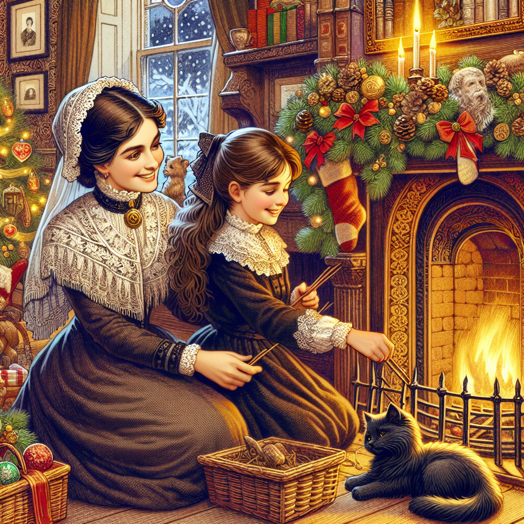 Illustration of a cozy Victorian Christmas setting, where a mother with dark brown hair and her light brown-haired teenage daughter are decorating their fireplace, with their beloved black cat snoozing by the fire.
Generated with these interests: Cozy Victoria Christmas fireplace, Black Cat, and Mother with dark brown hair aged 45 and 15 year old teenage daughter with light brown hair.
Made with ❤️ by AI.