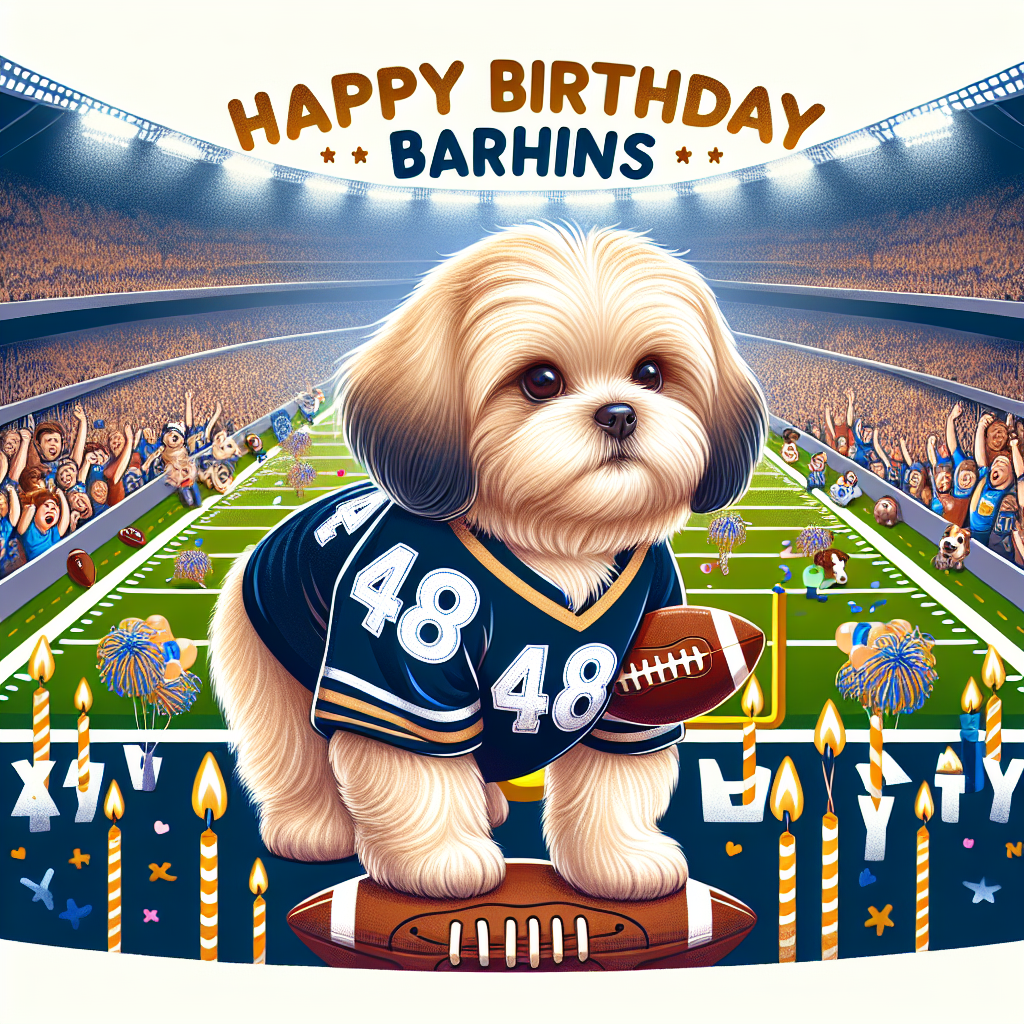 Design an image for a 48th birthday celebration. The scene takes place in a giant, lively stadium with numerous cheering fans. The highlight of the scene is a small, cream-colored Malshi dog, wearing a navy-colored jersey and playing American football. The dog's charming demeanor and the festive atmosphere around perfectly encapsulate the spirit of the occasion.
Generated with these themes: Husband 48th birthday cream malshi playing american football navy Jersey celebration in big stadium.
Made with ❤️ by AI.