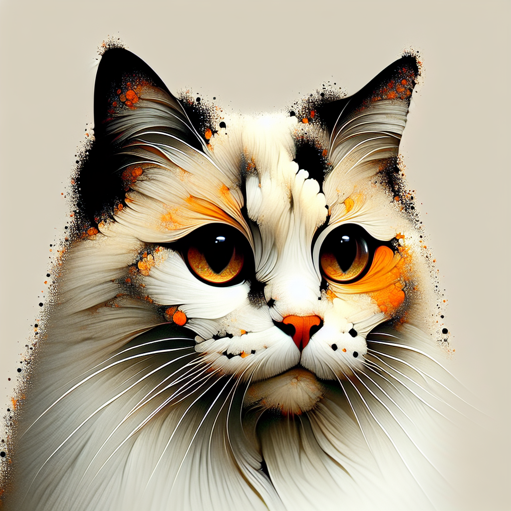 Generate an animated illustration of an adult domestic cat with a standard build and a unique coat that resembles an artist's canvas. The feline's coat should be primarily white with artistic splotches of orange and black as if daubed by a paintbrush. Although the specific details of the cat's eyes are not defined, they should exude an aura of mystery and quizzicality, seemingly hinting at the cat's recent mischief. The expression on the cat's face suggests a hint of contrition, possibly for some unseen antics.
.
Made with ❤️ by AI.