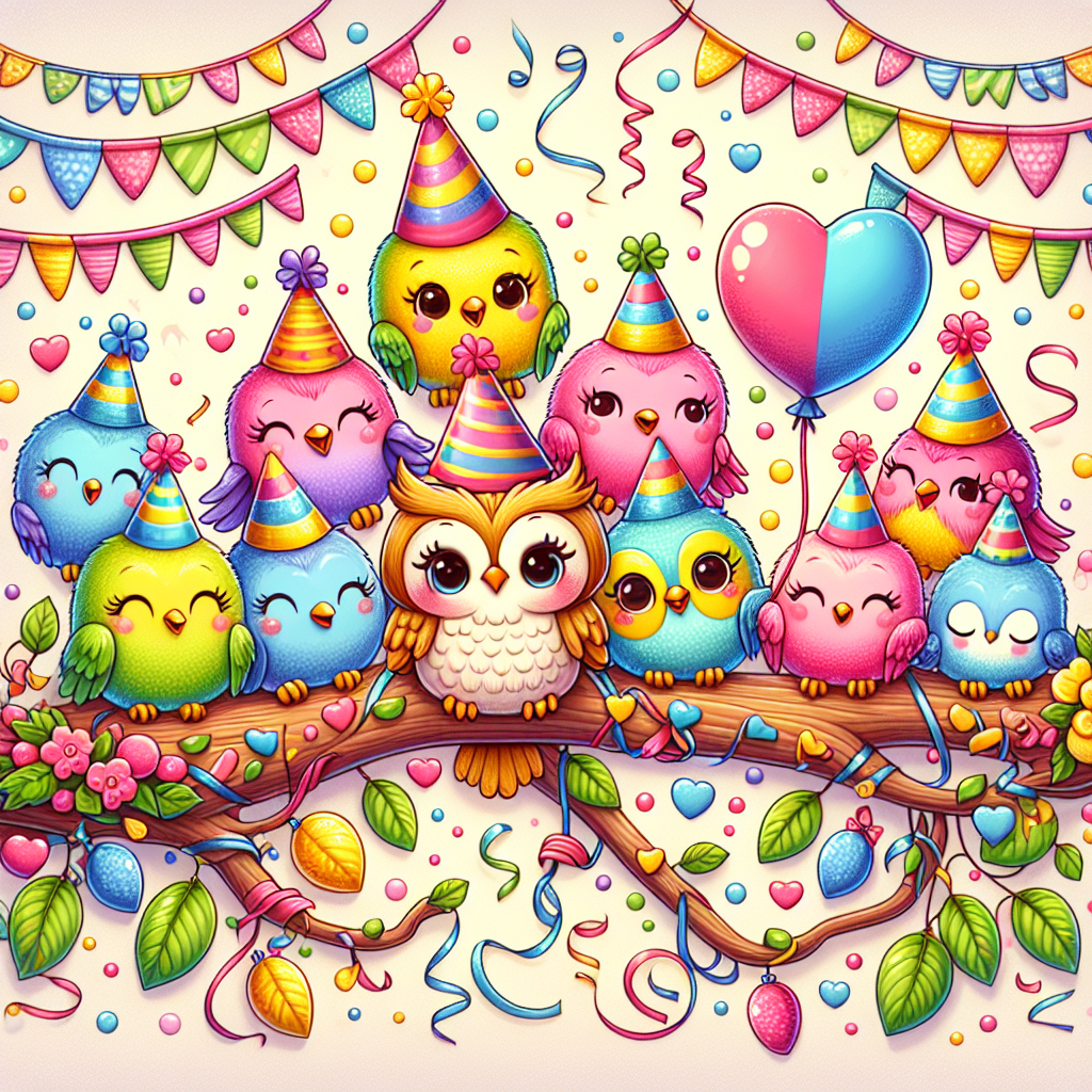Generate a charming birthday-themed illustration. Illustrate a group of brightly colored birds wearing small party hats, all perched on an exuberantly decorated branch. Show streamers and balloons draped in the background for the festive ambience. Place a cute owl in the center, holding a balloon shaped like a heart. This heart balloon will symbolize the celebration of love on this special occasion. Focal points of the image should include the colorfully clad birds, the festooned branch, and the adorable owl with its heart-shaped balloon.
Generated with these themes: Birds.
Made with ❤️ by AI.