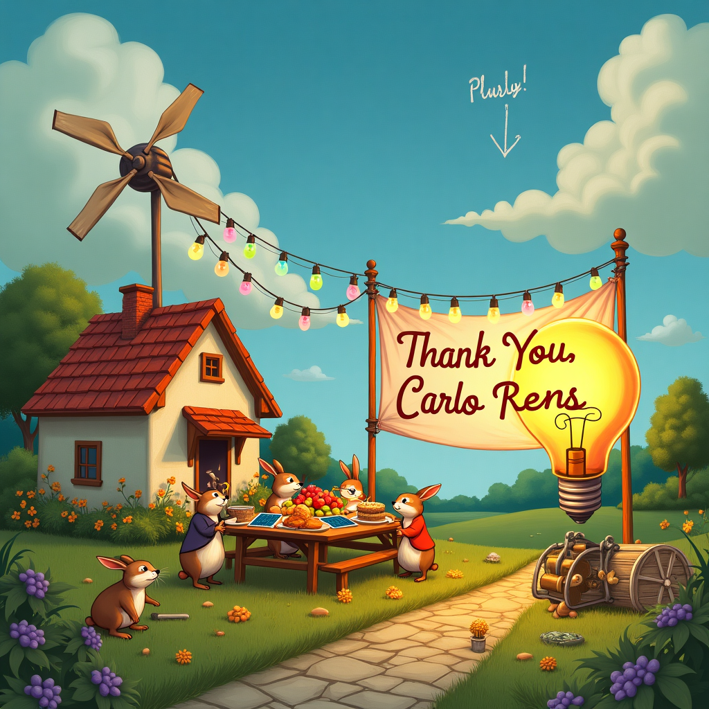 The scene unfolds in a whimsical countryside setting, reminiscent of a Norman Rockwell painting with a dash of Quentin Blake's lively charm. A small, cozy cottage sits atop a gentle hill, its roof adorned with a whimsical wind turbine that spins energetically. From this turbine, colorful strings of fairy lights cascade down, illuminating the path to the cottage like a playful river of light. The garden in front of the house is bustling with lively creatures; rabbits in waistcoats and hedgehogs with tiny glasses are gathered around a picnic table that’s heaped with an extravagant array of food, each item wired up with little solar panels, giving off a soft glow. An oversized anthropomorphic lightbulb, with a mustache and spectacles, stands at the table's head, holding a large banner that stretches over the table and reads "Thank You, Carlo Rens!" in looping, cheerful letters. The banner is cleverly powered by a small, comical hydroelectric setup, with a miniature water wheel spinning in a tiny stream nearby, reminiscent of an Edward Gorey creation. Above, the sky is a Maxfield Parrish-like blue, dotted with fluffy clouds in the shape of whimsical power tools like wrenches and screwdrivers. In one of the clouds, faintly visible, is the inscription "Carlo Rens" as if etched by the invisible hand of the wind, adding a personalized touch to this humorous and heartfelt scene.
Generated with these themes: Power Supply.
Made with ❤️ by AI.