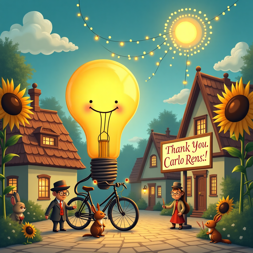 In a whimsical, yet slightly satirical nod to the power of electricity, envision a charming scene set in an enchanting, vintage-inspired village. At the center of this illustration is a small, roundabout town square. An oversized, anthropomorphic light bulb with a cheerful, friendly face stands proudly in the middle, holding a large sign that reads "Thank You, Carlo Rens!" in colorful, illuminated letters. The sign twinkles with small, playful sparks to symbolize gratitude.

Surrounding this lively light bulb, quirky villagers bustle about, each one interacting with a different kind of quirky power supply. A gentleman in a bowler hat leisurely pedals a bicycle that generates power to light up the street lamps. Nearby, a lady in a vintage dress gently cranks a handle on a curious contraption, causing a cascade of fairy lights to ripple through the trees lining the square.

In the background, the rooftops of quaint, Beatrix Potter-style cottages are adorned with solar panels shaped like whimsical sunflowers, their faces turned towards a golden sun that peers through a blue sky with cartoonish clouds. Within one of these clouds, cleverly and subtly, the name "Carlo Rens" is intricately woven, like a soft secret whispered by the sky.

The scene is alive with subtle humor and intricate detail, taking inspiration from the playfulness of Quentin Blake and the imaginative landscapes of Maurice Sendak. An assortment of quirky animals — a dapper squirrel wearing spectacles and a waistcoat, a rabbit in a tiny top hat, and a fox with a monocle — partake in the festivities, each engaging with miniature, steam-powered gadgets that puff little clouds of white steam.

The cobblestone paths are dotted with whimsical details, like small wind-up toys that march across the square and vintage lamps that glow warmly under a gentle evening sky. This scene, with its playful nod to power supply and an imaginative mix of traditional and fantastical elements, is a celebration of gratitude, creativity, and the whimsical charm of a world where the old and new joyously collide.
Generated with these themes: Power Supply.
Made with ❤️ by AI.