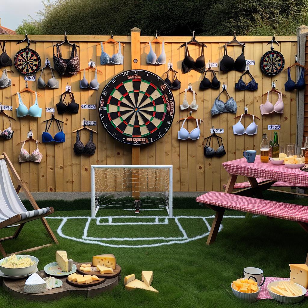 Picture a quirky backyard celebration set for a couple's anniversary. Transformed into a sports haven, half of the setting is a mini-football pitch, featuring miniature goalposts and a penalty mark. Dartboards are hung on the fence, each concentric circle marked by different years, illustrating the progression of the couple's relationship. Picnic tables laden with a spread of assorted cheeses are situated around the area. An amusing detail is the presence of bras daintily hung over chairs, alluding to a funny laundry incident which happened at their wedding. Love and humor are evident in this nostalgic and fun-filled celebration setup.
Generated with these themes: Football, Darts, Bras, and Cheese.
Made with ❤️ by AI.