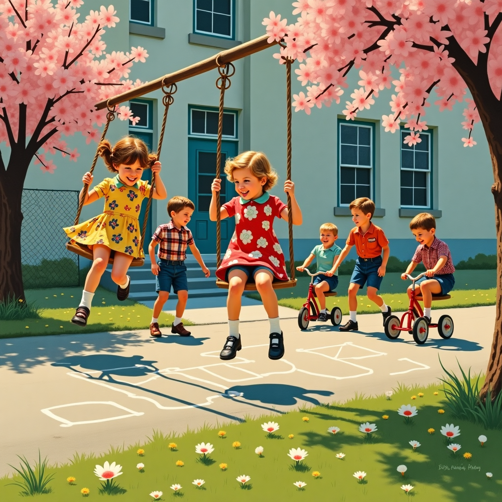 Imagine a group of young children playing together in a school yard in the spring time., Some of the children are on the swings, The era is 1963 in Canada, and Birthday Card