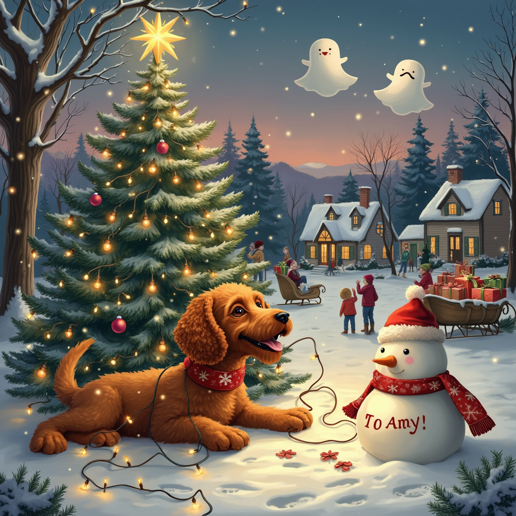 The scene is set in a quaint, snow-covered village, filled with charming, storybook-style cottages, reminiscent of a Norman Rockwell painting. The backdrop is a twilight sky with hues of lavender and soft blues, dotted with glimmering stars and the moonlight casting a gentle glow on the scene. 

In the center of the scene is a large, festively decorated Christmas tree, its branches adorned with twinkling fairy lights, tinsel, and ornaments. The star on top of the tree sparkles brightly, catching the eye immediately. 

Underneath the tree, a mischievous red cockapoo named George, with fluffy, curly fur, is playfully tangled in a string of Christmas lights. George has a joyful expression, his tongue hanging out in delight. His Snapchat ghost plush toy is also tangled in the lights, adding a humorous touch to the scene. 

To the right, there's a snowman wearing a Santa hat, with buttons made of cookies and a carrot nose. The snowman's scarf has the word "Amy" knitted into it with festive colors, cleverly incorporating the recipient's name. 

Behind George, there’s a wooden sleigh filled with beautifully wrapped presents. One of the gift tags on the presents also has "To Amy" written in elegant calligraphy, ensuring the name is prominently displayed in the scene.

In the background, there's a group of cheerful children building another snowman, with a picturesque village and pine trees covered in snow in the distance. Above them, in the sky, are clouds shaped like Snapchat's ghost logo, subtly adding to the humor.

The ground is a pristine blanket of snow, with delicate footprints and paw prints leading toward the central Christmas tree, tying the entire scene together with a whimsical charm inspired by the likes of Maurice Sendak and Quentin Blake.
Generated with these themes: Red cockapoo, Snapchat, Their hair, and George.
Made with ❤️ by AI.