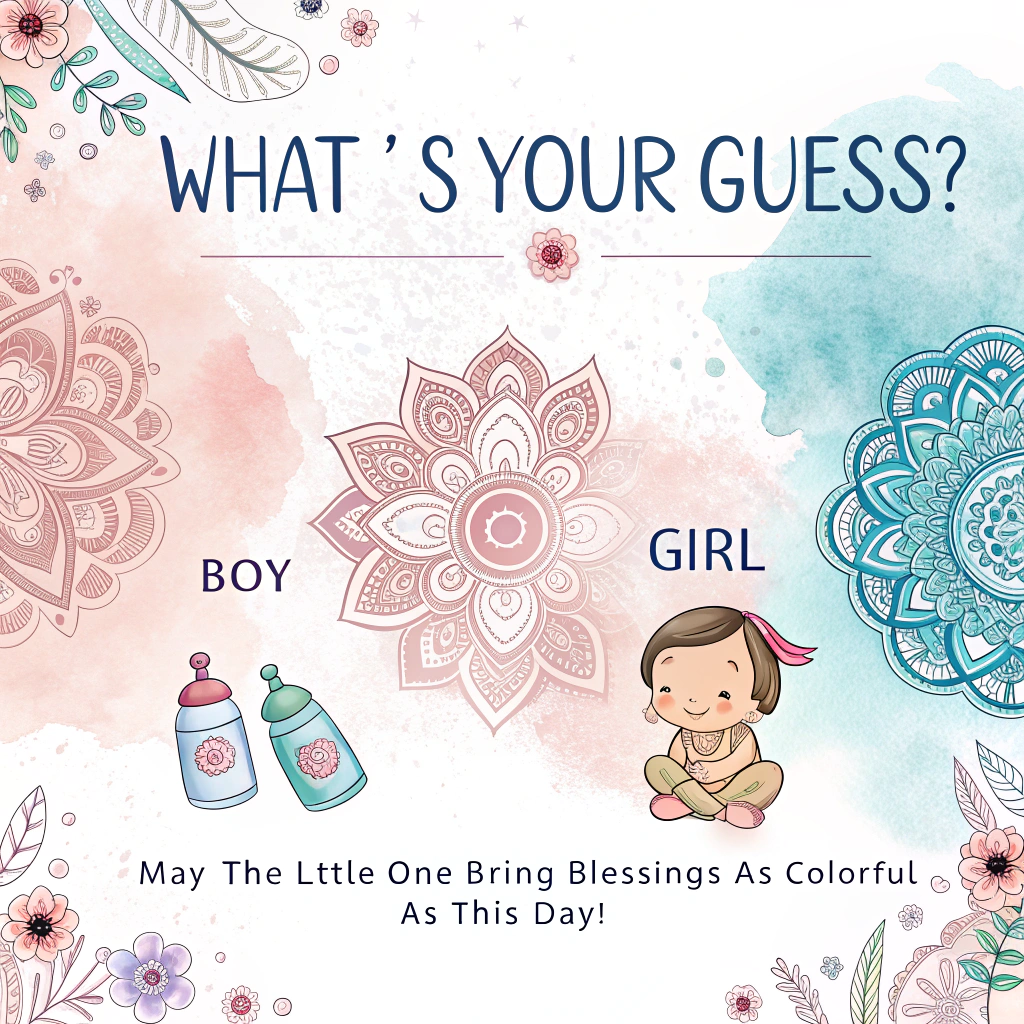 At the top of the image, "What’s Your Guess?"

At the bottom of the image, "May the little one bring blessings as colorful as this day!"

- In the center, use pastel pink and blue colors to create a watercolor scene with Indian-inspired floral borders or mandala designs surrounding two playful checkboxes labeled ‘Girl’ and ‘Boy’.
- Include soft baby-themed illustrations like rattles, bottles, and booties scattered around the scene for a touch of whimsy.
- Add a designated space for the guest's name and their heartfelt blessing or message, keeping the overall design festive, traditional, yet minimal.
Generated with these themes: Create a baby shower gender guessing card in pastel pink and blue colors, with Indian-inspired floral borders or mandala design. Title: ‘What’s Your Guess?’ Include two checkboxes: ‘Girl’ and ‘Boy’. Add space for the guest's name and a blessing or message. Keep the design festive and traditional but minimal. Do not include any gender reveal announcement. Add soft baby-themed illustrations (like rattles, bottles, booties).”, and .
Made with ❤️ by AI.