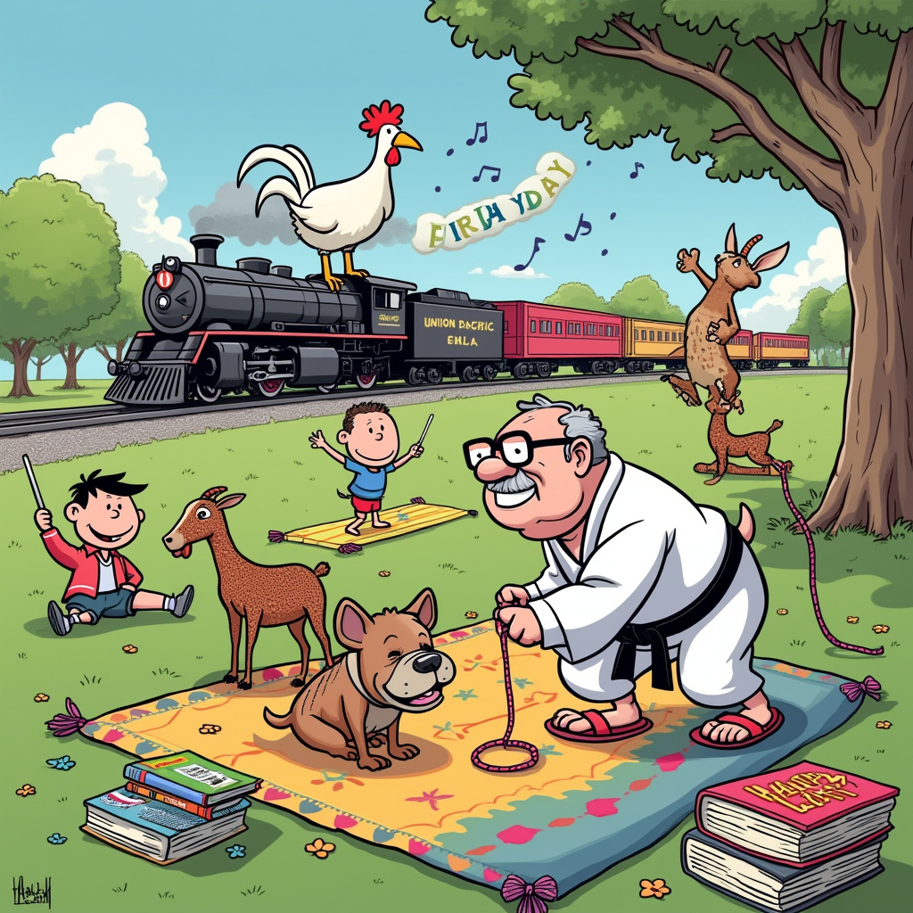 In this whimsical birthday scene, set within a vibrant, animated cartoon style reminiscent of a classic comic strip, we begin in a lively park. At the forefront, a mischievous bull dog, donned in a tiny jujitsu gi with a black belt, grins broadly as it strikes a pose, balancing effortlessly on a yoga mat. Flanking the playful pooch are the twin boys, each sporting their own distinct look. One twin wears a Union Pacific train engineer's cap, its iconic logo visible, while the other holds a crochet hook with an elaborate, partially completed yarn scarf trailing behind him. They're both giggling heartily, mirroring their canine companion's antics. 

Behind them, an enthusiastic group of people engage in goat yoga. Here, tiny, nimble goats clamber over the backs of yoga practitioners. Among these practitioners, a wise and patient elderly teacher, complete with spectacles perched on her nose, demonstrates a yoga pose while simultaneously guiding a small train set through the middle of the yoga mats, weaving the miniature Union Pacific model train around her legs. 

To the side, an open picnic blanket showcases an eclectic mix of items: a stack of comic books featuring retro characters from Peanuts and Tintin, a portable radio blaring upbeat tunes reminiscent of Disney classics, and a colorful music book filled with whimsical, hand-drawn notes dancing across the pages. Further adding to the chaotic joy of the scene, a cloud of music notes drifts upwards, mingling with a crocheted banner that stretches across the sky, spelling out "HAPPY BIRTHDAY" in bold, vibrant yarn letters. 

In the background, set against a clear blue sky, a majestic Union Pacific train chugs along a distant track, its steam puffing in sync with the laughter echoing across the park. The scene is peppered with elements from The Far Side, like a quizzical chicken perched atop a stack of books, curiously pecking at the crochet hook, tying all these diverse elements into a tapestry of laughter, creativity, and playful chaos.
Generated with these themes: Bull dog, Twin boys, Jujitsu , Yoga, Union Pacific trains , Teaching, Goat yoga, Music, Crocheting , Laughing , and Reading.
Made with ❤️ by AI.