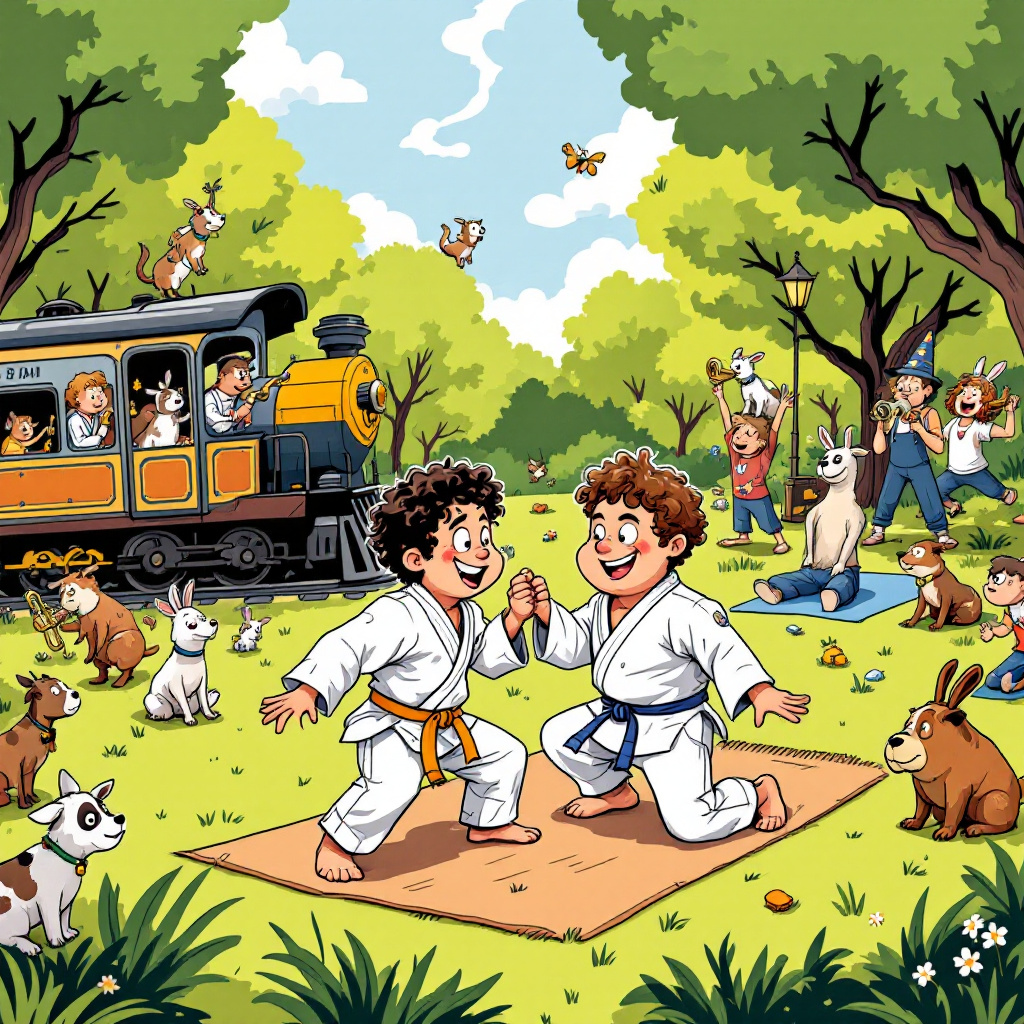 In this whimsical cartoon birthday scene, imagine a bustling park filled with lively activities, each intertwined with the themes you've provided. At the heart of the image, a pair of twin boys, each with curly hair and freckled cheeks, are engaged in an impromptu jujitsu match, both wearing white gi uniforms with brightly colored belts, grinning mischievously. Nearby, a stout bulldog, with a wrinkly face and a studded collar, attempts a clumsy downward dog pose on a yoga mat, hilariously mimicking a group of people participating in an outdoor goat yoga class. Among the yogis, small goats, with bells around their necks, prance atop backs, one even giving a twin a curious sniff.

To the left, a vintage Union Pacific train winds its way through the park, cartoonishly stretching like an accordion around a corner, its windows revealing musicians inside—a band of animals playing instruments, a raccoon on a trumpet and a rabbit on the drums, their music notes swirling into the air. Above this lively train scene, a tall tree is adorned with colorful crocheted items—hats, scarves, and even a whimsical treehouse ladder—crafted by an elderly lady, whose hands blur with the speed of her crochet hooks, seated on a nearby bench.

To the right, a bespectacled teacher stands in front of a chalkboard on an easel, in the midst of a storytelling session, reading animatedly from a large, illustrated book. Her audience, a mix of children and curious animals, is enraptured, many holding copies of comic books, reminiscent of vintage strips like Tintin and Peanuts. The entire scene is set under a clear sky, dotted with balloons and a single kite, tail fluttering, completing this vibrant tapestry of birthday celebration and joy.
Generated with these themes: Bull dog, Twin boys, Jujitsu , Yoga, Union Pacific trains , Teaching, Goat yoga, Music, Crocheting , Laughing , and Reading.
Made with ❤️ by AI.