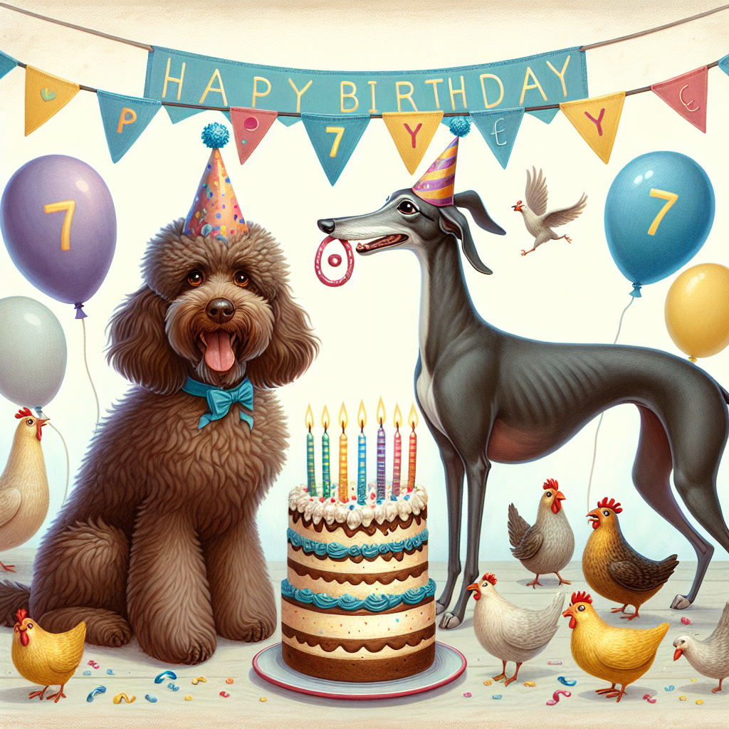 Create a whimsical birthday-themed illustration appropriate for a 7-year-old girl. The primary features of this jovial scene should encompass a fluffy chocolate-colored cockapoo and a sleek, silvery Italian greyhound, both at the center and wearing festive party hats. Surrounding them is a flock of lively chickens also sporting party hats. The cockapoo is depicted holding a jubilant birthday banner within its mouth. Nearby, the greyhound is humorously chasing a free-floating balloon. At the forefront of the image, there stands a scrumptious birthday cake adorned with seven brightly lit candles, inviting a celebratory wish from the viewer.
Generated with these themes: 7, Niece, Brown cockapoo, Italian greyhound, and Chickens.
Made with ❤️ by AI.