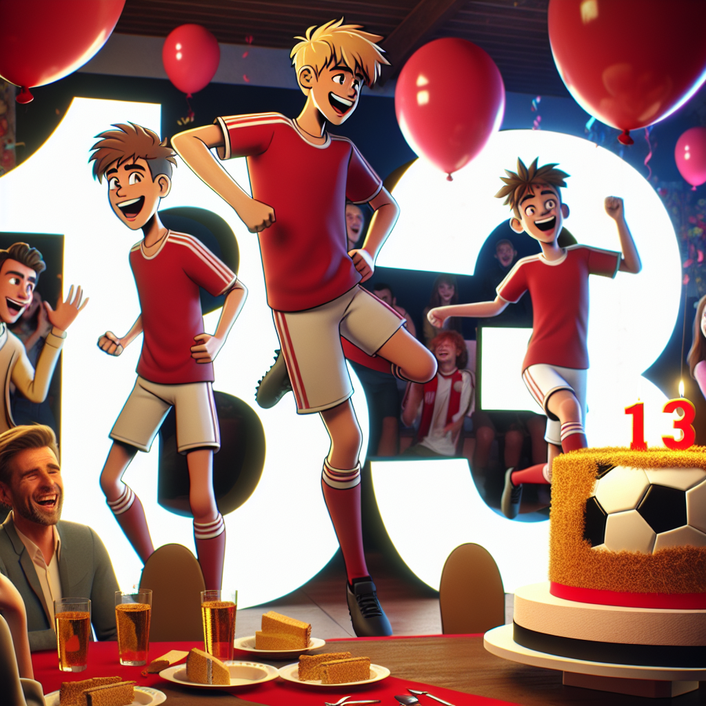The animated scene captures the lively atmosphere of a teenagers' 13th birthday party. The focus is on large '13' numerals signifying the celebrated age of the teenager. Guests are laughing at the comic-style images of the teenager and their friends, whimsically presented as dynamic soccer players wearing blank red-colored jerseys resembling traditional football kits. Overhead are floating red balloons, while an amusing cake shaped like a soccer ball anticipates to be cut, showing a forthcoming sugary delight for participants.
Generated with these themes: 13, Teenager, Manga, and LIverpool Football club.
Made with ❤️ by AI.