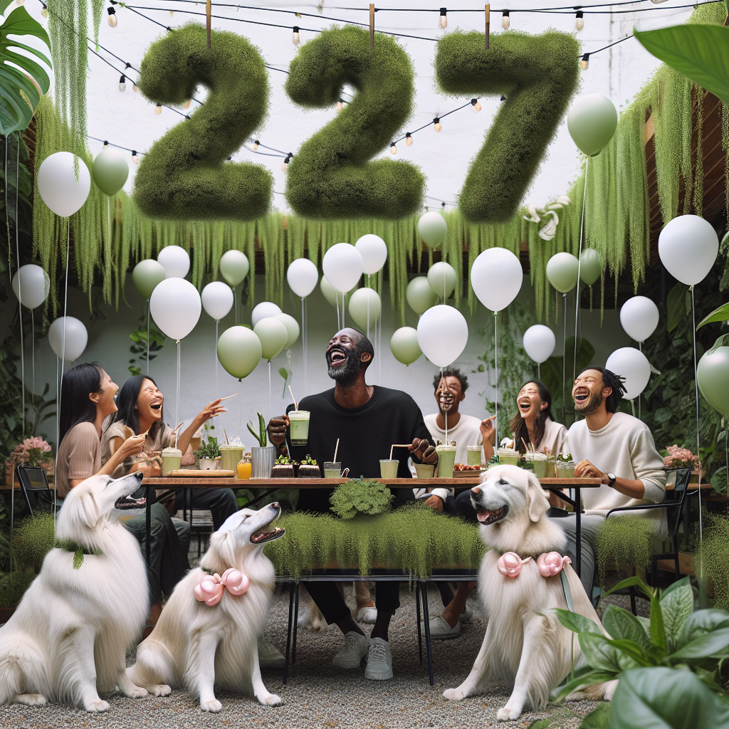 Envision an outdoor birthday celebration scene. At the center, there's a Black man, joyfully laughing with friends, with a matcha latte in his hand, perfectly encapsulating the spirited mood of the celebration. Similarly partaking in the festivity are multiple white, long-haired dogs, sporting tied-up balloons on their collars, seemingly prancing around in joy. Canopying the entire celebration are lush, overflowing plants, with leaves rustling in the festive breeze. The number '27', denoting the birthday age, straddles the top of the image, craftily composed using the foliage of the plants, impeccably melding with the party decor.
Generated with these themes: Matcha latte , Black men, White crusty dogs, Plants, and 27.
Made with ❤️ by AI.