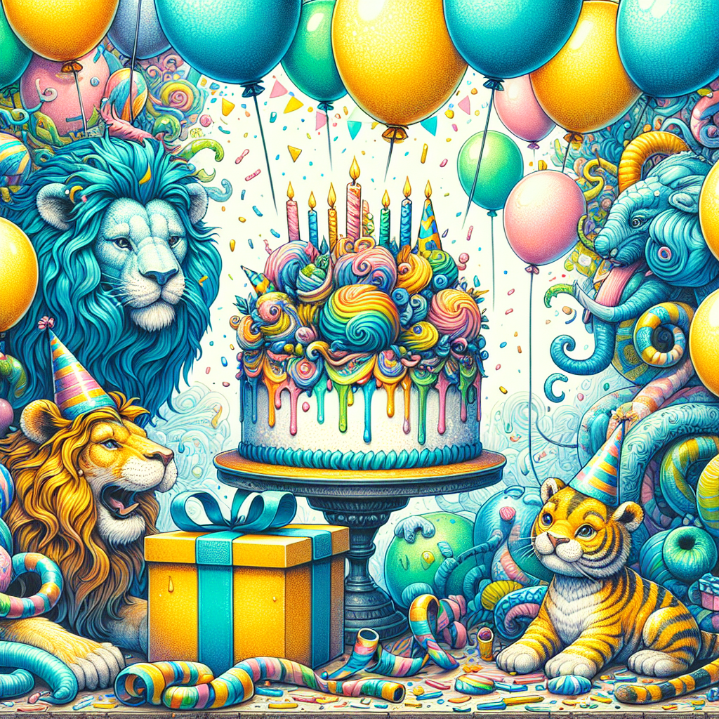 Create a delightful birthday-themed illustration encompassing whimsical depictions of a lion and tiger amidst a myriad of floating balloons. The center of the scene features a brightly decorated cake, heavily smeared with cyan and yellow icing, exuding a vibrant mood. Not too far off, a beautifully… prepared gift, enveloped in a captivating wrapper, beckons, adding a sense of suspense and excitement to the whole set up. The overall atmosphere is joyous, celebratory, and teeming with playful vibes.
Generated with these themes: lion tiger gift cake balloon cyan yellow.
Made with ❤️ by AI.