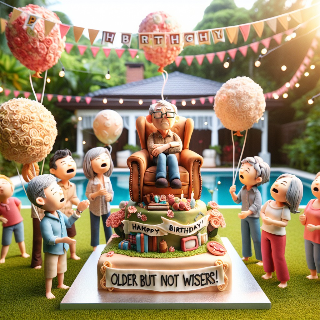 A warm and delightful image of a family get-together in a beautifully adorned backyard. The scene is festive with balloons swaying in the wind, humorously showcasing over-the-hill jests that resonate with the uncle who is celebrating his birthday. The family is erupting in giggles under a banner playfully stating, 'Older but not wiser!'. Standing proud among the laughter is a cake, a confectionery masterpiece. The cake is designed with fondant to depict a cozy armchair, and perched on it is a tiny character molded from sugar, embodying the birthday uncle. He has a remote in his hand and looks charmingly perplexe
Generated with these themes: Uncle.
Made with ❤️ by AI.