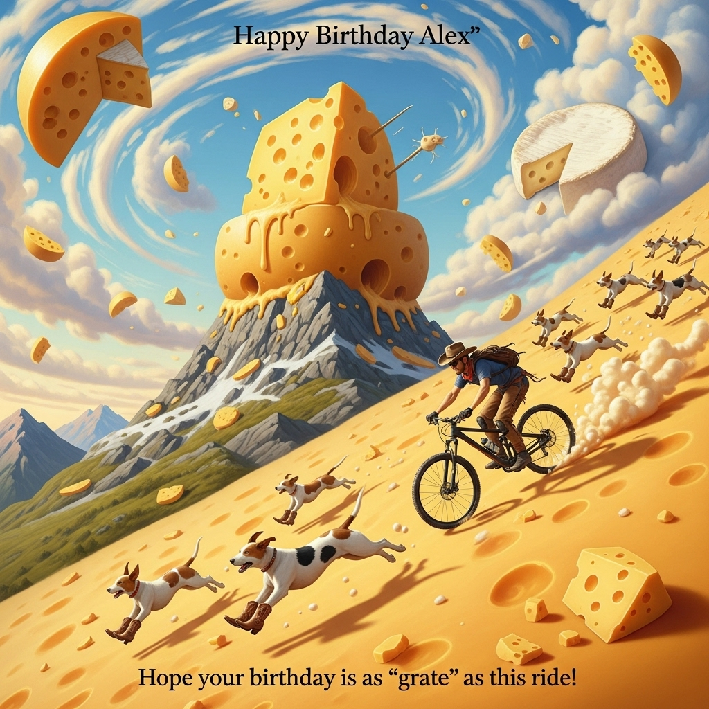 Mountain biking, cheese, dogs, cowboy boots, and Birthday Card