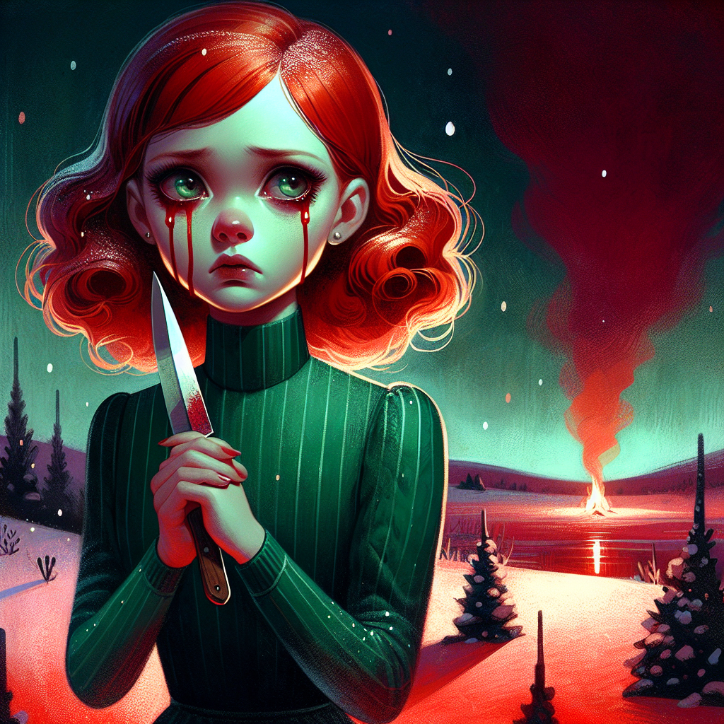 A solemn illustration depicts a midnight Christmas scene where a short dark red-haired girl stands out in her tight green minidress against the bloodstained snow. Tears stream down her face as she clutches a knife, the fire behind her casting an eerie glow on the surroundings.
Generated with these themes: Short dark red haired girl, tight green minidress, bloodstained, holding a knife, crying, bloodstained snow, fire, midnight .
Made with ❤️ by AI.