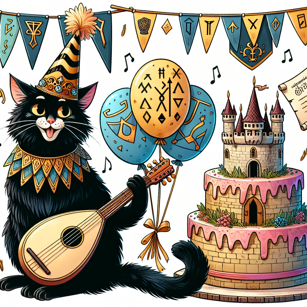 Create a whimsical birthday illustration that features a black cat with a joyous expression, wearing a jaunty feathered cap and playing a lute. Surrounding the cat, there's a medieval-themed birthday celebration, including banners, balloons decorated with ancient runes, and a cake that is shaped like a castle. The cake is placed atop a table that is festively adorned. The color palette of the image should be vibrant in order to enhance the festive and historical ambiance.
Generated with these themes: Black cat, and Medieval music.
Made with ❤️ by AI.
