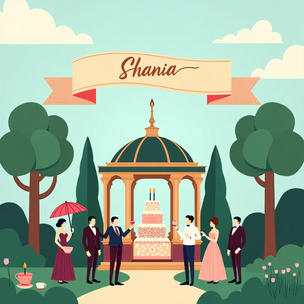 The front cover of the birthday card should present a whimsical Victorian garden scene with a modern twist, reflecting the distinct style of each suggested artist while maintaining a clean and humorous tone.

**Background and Layout:**
The background is a soft, flat pastel blue sky with a subtle hint of gradient towards the horizon, seamlessly transitioning into lush, flat green Victorian garden elements. Elegant, crisp lines define the space with ornate topiary designs, each meticulously trimmed into whimsical shapes such as teapots, oversized keys, and top hats, reminiscent of Alice in Wonderland, yet retaining a sleek, flat, vector quality.

**Central Elements:**
In the middle of the card, there stands a grand Victorian-style gazebo, with its structure defined by bold, sharp lines and flat gold and cream colors. Within the gazebo, there's a flat, crisp illustration of a long, rectangular birthday cake. The cake is layered and topped with stylized icing swirls in rich plum, pastel pink, and soft cream hues. The cake is adorned with flat vector-style candlesticks with mock flames, their lines as clean and precise as an architectural drawing.

**Text Elements:**
Above the gazebo, floating in the sky, is a stylized banner made of flat pastel fabric shapes, gently curving in the breeze. The banner is adorned with intricate Victorian patterns, reimagined in a minimalist fashion. In elegant, gold vector typography on the banner, the name "Shania" is prominently displayed. The banner's design is cohesive with the garden's elements, linking them visually.

**Additional Details:**
Around the gazebo, flat, crisp illustrations of Victorian gentlemen and ladies are having a garden party. They are elegantly dressed in simplified Victorian attire, depicted with clean lines and contrasting colors of deep maroon, navy, and ivory. Each figure holds a flat teacup or an elongated parasol. The parasols are decorated with geometric patterns, adding a touch of contemporary design.

The long birthday message for a friend is inscribed along the edge of the card in a continuous looping pattern, using a fine, golden vector line reminiscent of ornate Victorian calligraphy. This text frames the scene without overwhelming it, providing an intricate border that complements the main illustration.

**Color Palette:**
The color palette includes pastel blues, greens, golds, plums, pinks, and creams, punctuated by rich maroon, navy, and ivory, creating a vibrant yet harmonious visual experience that balances Victorian elegance with modern graphic design.

This design captures the essence of a Victorian garden party, rendered in a flat, vector style that playfully contrasts with its historical inspiration.
Generated with these themes: British victorian style, Long birthday message for a friend, and Garden.
Made with ❤️ by AI.