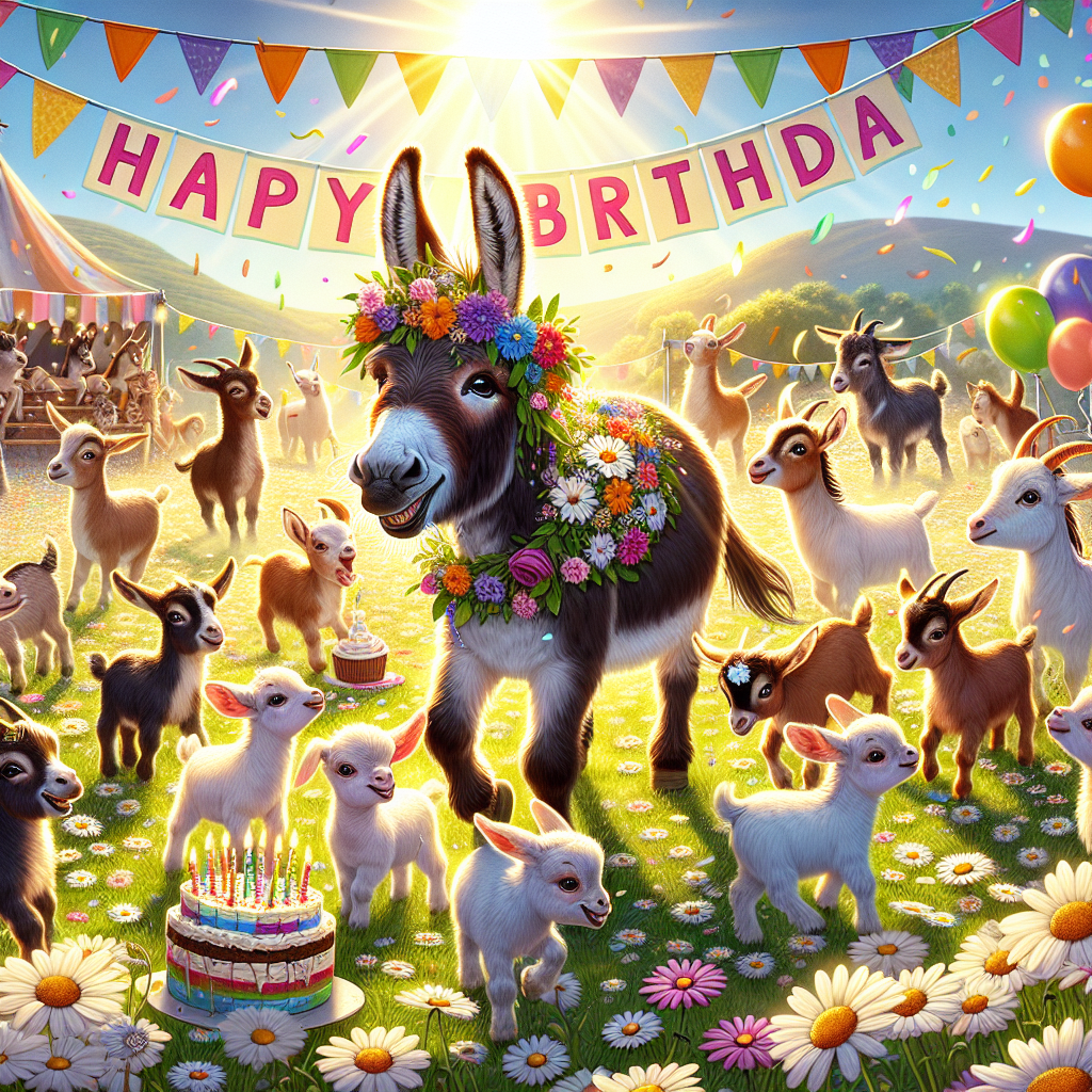 Create an engaging illustration depicting a birthday party happening in a field illuminated by sunlight and filled with daisies. The image's primary subjects are a group of charming donkeys and energetically frolicking goats, and playful baby goats. The donkeys stand at the celebration's epicenter, one of them grinning cutely and draped in a flower garland. The goats and kids, dressed in colourful ribbons, are merrily enjoying the festive air filled with confetti and cake. The scene is further enhanced by dynamic party decorations, including a banner proudly proclaiming 'Happy Birthday'.
Generated with these themes: Goats, Baby goats, and Donkeys.
Made with ❤️ by AI.
