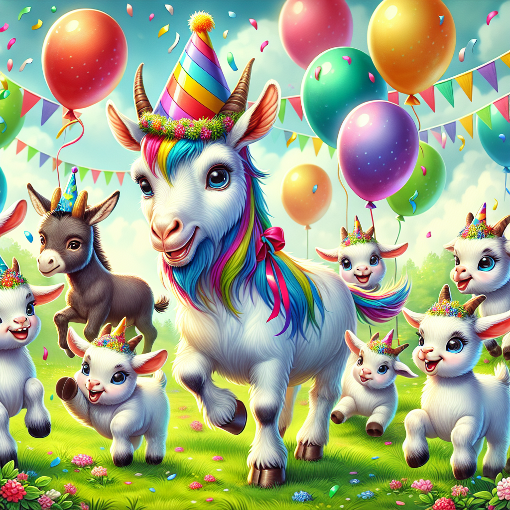 A vibrant birthday-themed illustration featuring a group of endearing goats and playful kids (baby goats) merrily prancing around a festively adorned donkey at the heart of the scene. This takes place in lush meadow, with balloons and streamers beautifying the background. The donkey, central to the illustration, is clad in a vibrant party hat. The goats sport enthusiastic expressions as they frolic about, a few of them wearing petite birthday hats, contributing to the celebratory ambiance.
Generated with these themes: Goats, Baby goats, and Donkeys.
Made with ❤️ by AI.