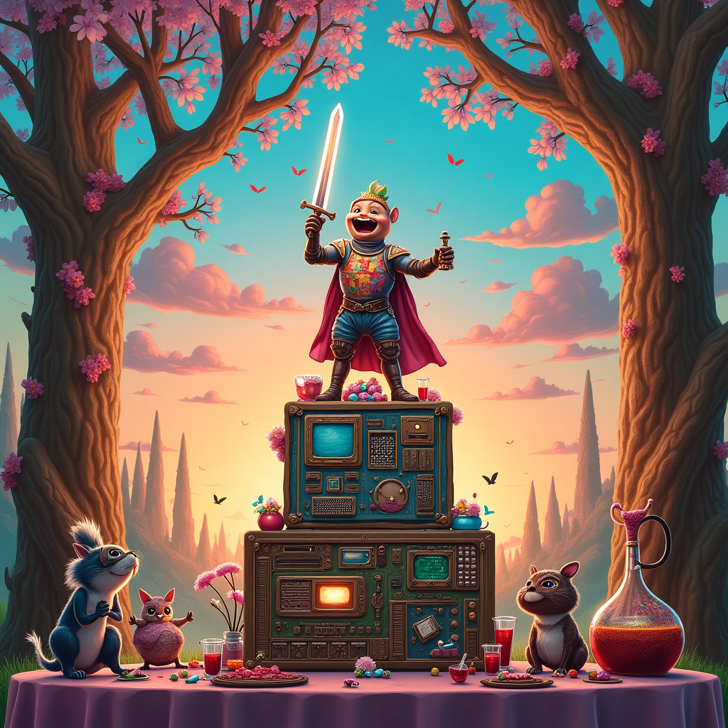 In a fantastical kingdom where whimsy meets reality, the birthday scene unfolds under a sky swirled with iridescent hues reminiscent of a sunset caught in an oil spill. The centerpiece is an opulent cake shaped like a supercomputer, with neon lights flickering along its frosted circuits. Perched atop the cake, a broadsword champion, clad in a patchwork armor of candy wrappers and shimmering tin foil, triumphantly raises his blade high. His gotee is a swirl of licorice curls, meticulously detailed and contrasting against his animated, expressive features. In the backdrop, towering trees with bark-like ancient, thumbed-through pages sprout vibrant flowers resembling pill capsules, each marked with symbols of pharmaceutical discovery.

Hovering overhead, cloud formations curiously take the shape of laboratory flasks, their trails writing out "Happy Birthday Alex" in soft pastel colors that shimmer in the twilight. In the foreground, an assortment of critters — inspired by the whimsical imagination of Beatrix Potter and Quentin Blake — dance around, some with tiny spectacles, others with minuscule lab coats, all with joyous expressions celebrating the fusion of science and magic. A quaint table set up with alchemical apparatus sits nearby, but instead of potions, it bubbles with festive fruit punch. Everywhere you look, there's a delightful blend of science and medieval fantasy, weaving a tale that celebrates innovation and imagination.
Generated with these themes: Broadsword champion, Gotee, Happy Birthday, Super computer, and Pharmaceutical discovery.
Made with ❤️ by AI.