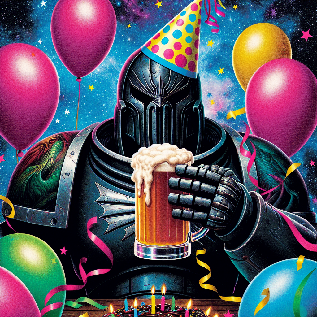 Imagine a playful birthday-themed artwork that ingeniously mixes elements of celebration with iconic elements from a generic science fiction universe. At the center, a captivating sci-fi villain donned in black armor holds up a mug filled with frothy beverage spilling over its edge. Around him, vibrant colored balloons and streamers set a festive mood against the striking backdrop of a star-studded galaxy. The usual formidable presence of the dark armored villain is softened by a colorful party hat sitting atop his helmet, and a sense of amusement suggested by the upward curve of the grill of his mask.
Generated with these themes: Beer, Darth Vader .
Made with ❤️ by AI.