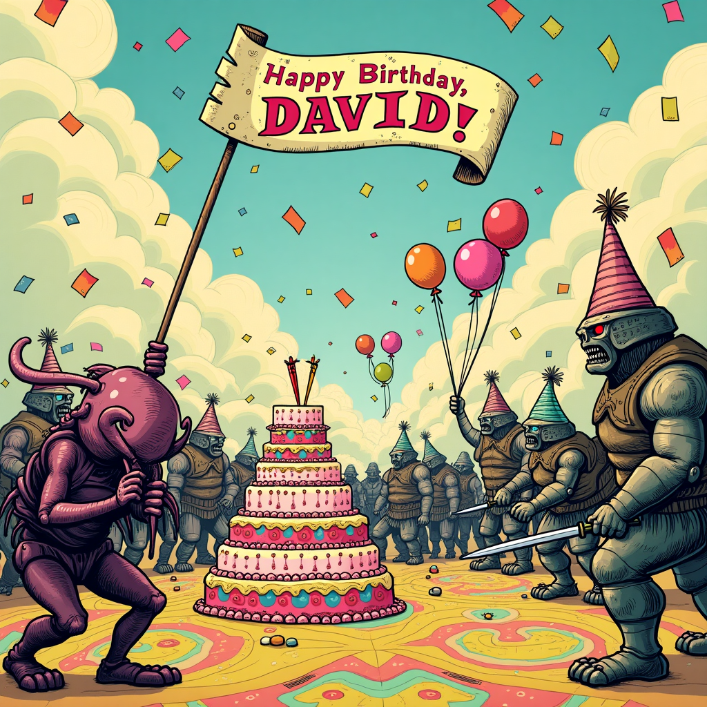 In this whimsical birthday illustration, imagine a bustling battlefield of birthday shenanigans, taking inspiration from the fantastical elements of Warhammer 40k. The scene is set on a vibrant, patchwork landscape with a multitude of colors reminiscent of a child's dream world, blending the intricate lines of Aubrey Beardsley with the lively energy of Quentin Blake. In the foreground, a group of Tyranids is humorously engaged in attempting to frost a gigantic, tiered birthday cake, their normally terrifying mandibles delicately holding piping bags filled with rainbow icing. To the right, an Ork warband is animatedly gathered around a makeshift banner, painted haphazardly in bright, chaotic splashes, proudly proclaiming "Happy Birthday, David!" The Orks, sporting party hats fashioned from scraps of metal and adorned with ribbon, seem to be arguing over the correct spelling, providing a touch of Gorey-esque humor. Meanwhile, hovering ominously yet comically in the background, Necron warriors are attempting to inflate balloons, their metallic hands fumbling awkwardly with the elastic material, while the balloons' strings spell out "David" as they float upwards into the sky. The backdrop is a fanciful tapestry of swirling clouds in pastel shades, nodding to Maxfield Parrish, where the letters "DAVID" are subtly woven into the cloud patterns. To tie the scene together, sprinkles of confetti rain down like a joyous storm, blending elements from the styles of Edward Gorey and Maurice Sendak to create a harmonious chaos of celebration.
Generated with these themes: Warhammer 40k, Tyranids, Orks, and Necron.
Made with ❤️ by AI.