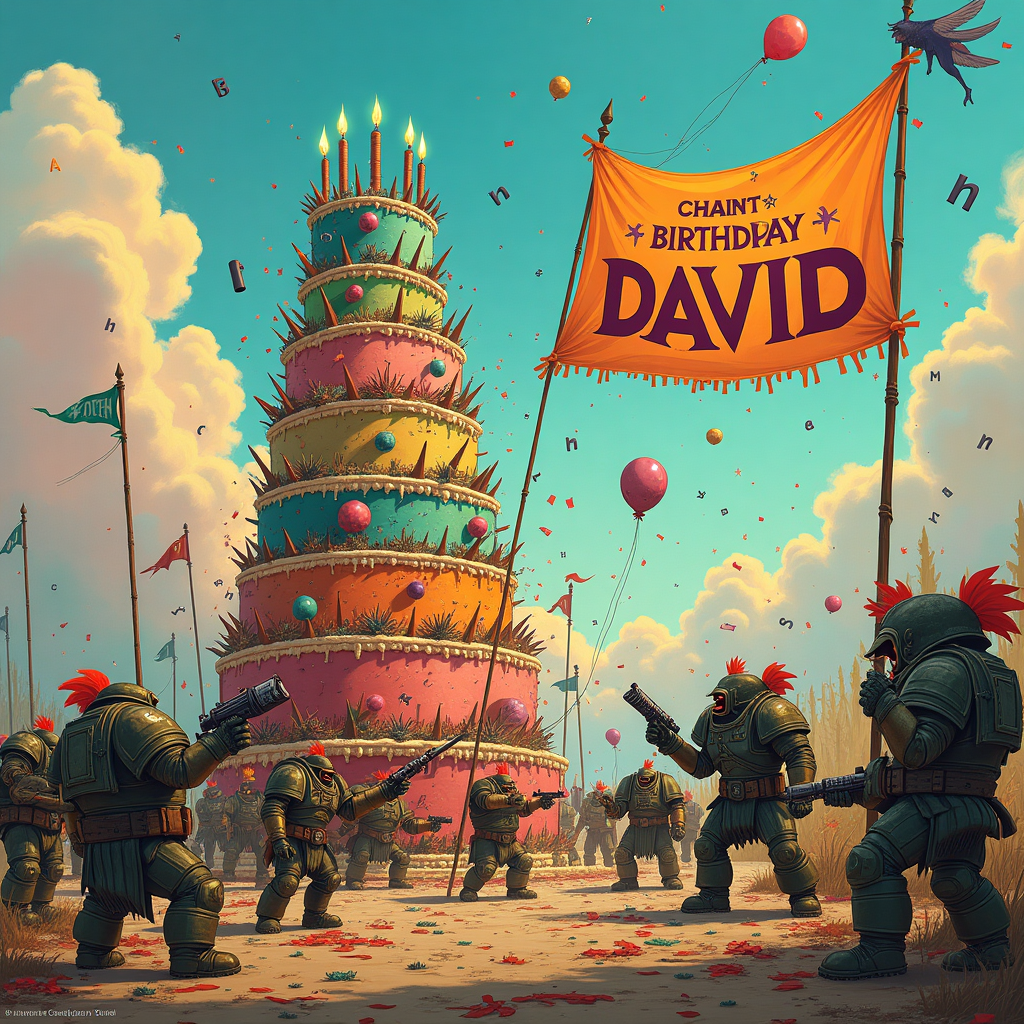 In this fantastical birthday greeting card scene, a whimsical yet epic battlefield unfolds, set against a backdrop reminiscent of a vibrant Maxfield Parrish sky with swirling, surreal clouds. In the foreground, a towering birthday cake stands defiantly, its layers adorned with Tyranid spikes and Ork totems, each one humorously painted in bright, clashing colors by mischievous Gretchin. The candles on the cake are designed like Necron gauss flares, glowing with an eerie green light. 

To the right, a group of Orks, led by a particularly boisterous Warboss, are enthusiastically engaged in a tug-of-war over a giant banner that reads "Happy Birthday David" in bold, comic letters, reminiscent of Quentin Blake’s style. The banner is hilariously entangled with the limbs of Tyranids, who are more interested in munching on scattered bits of confetti that rain down from above like the ethereal leaves of a Beardsley illustration.

On the left side of the scene, a pair of stoic Necron Warriors, meticulously illustrated with delicate Edward Gorey-esque linework, are attempting to assemble a makeshift throne for David from repurposed Ork scrap metal. In the background, a diminutive, Sendak-inspired Tyranid Ripper cavorts joyfully, clutching a small balloon shaped like a dreadnought.

Above this chaotic yet cheerful melee, the sky is a kaleidoscope of hues where a flock of Norman Rockwell-style cherubic squigs float lazily, each one holding a string of floating letters that spell out "DAVID" across the sky. This birthday tableau captures a humorous clash of iconic Warhammer 40k factions in a celebratory riot of color and detail, perfectly suited for David's special day.
Generated with these themes: Warhammer 40k, Tyranids, Orks, and Necron.
Made with ❤️ by AI.
