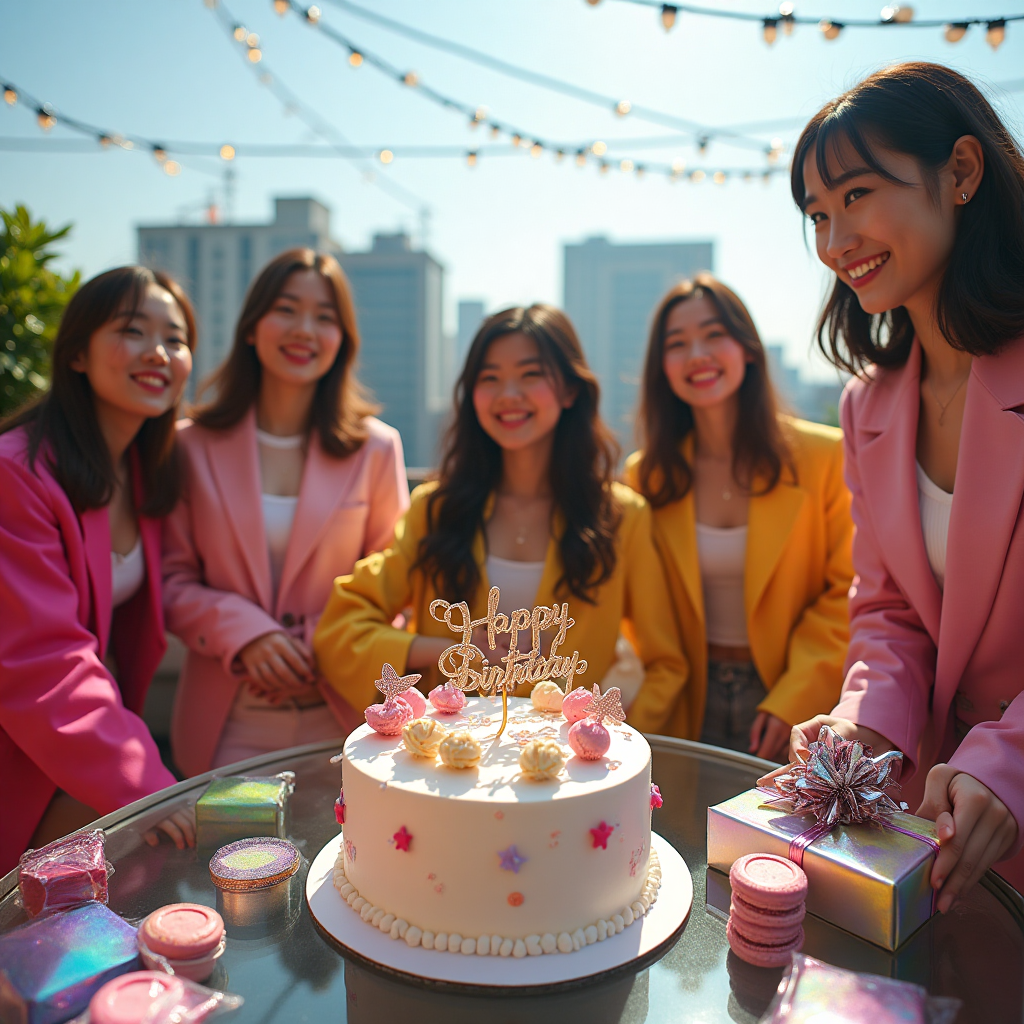 At the top of the Photorealistic picture taken from a camera image, the text reads: "Susanna"

---

Imagine a vibrant and bustling scene reminiscent of a fashion-forward K-pop birthday celebration. Picture a group of stylish, energetic friends gathered together on a sun-drenched rooftop garden. Each individual is dressed in the latest Korean fashion trends—think colorful oversized jackets, chic sneakers, and playful accessories.

In the center of this lively gathering, a beautifully adorned birthday cake sits atop a sleek glass table. It's topped with delicate pastel macarons, miniature musical notes, and a glittering "Happy Birthday" topper that catches the sunlight. Surrounding the cake, presents wrapped in shiny holographic paper reflect the vivid hues of the party.

A soft breeze causes the strings of fairy lights overhead to twinkle, adding to the magical atmosphere. In the background, K-pop music plays gently, and some of the friends can be seen performing impromptu dance moves, their expressions of pure joy perfectly captured in the photograph.

The scene is filled with laughter, movement, and vibrant color, embodying the essence of a joyous celebration among fashion-conscious K-pop fans.
Generated with these themes: Fashion and Kpop, and .
Made with ❤️ by AI.