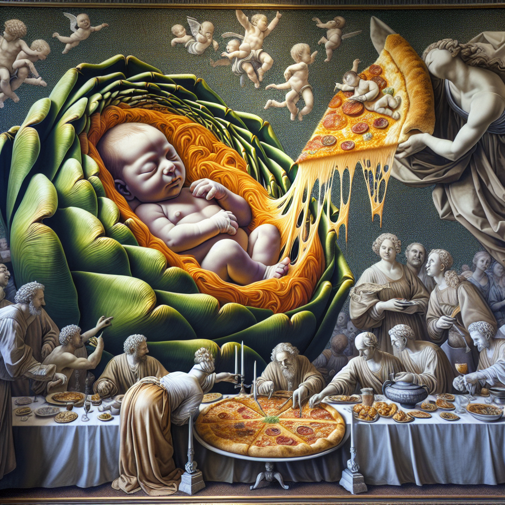 A room filled with surreal realism holds an imposing tapestry at its center. From the heart of the tapestry emanates an image of a newborn snuggled within a vibrant artichoke leaf, signifying fresh beginnings. The detailed figures around the baby, participating in a feast and sharing slices of a golden-crusted pizza, appear to echo the artistic finesse of renowned sculptures of the Early Renaissance, showcasing an ethereal scene. Such is the craftsmanship employed in each strand of melting cheese that it appears as palpable as the fabric of the tapestry. On the mantle, a sculpture of a mature woman with a knowing smile surveys the room – a fittingly peculiar tribute to new life.
Generated with these themes: Michelangelo, artichoke, pizza, Helen mirren .
Made with ❤️ by AI.