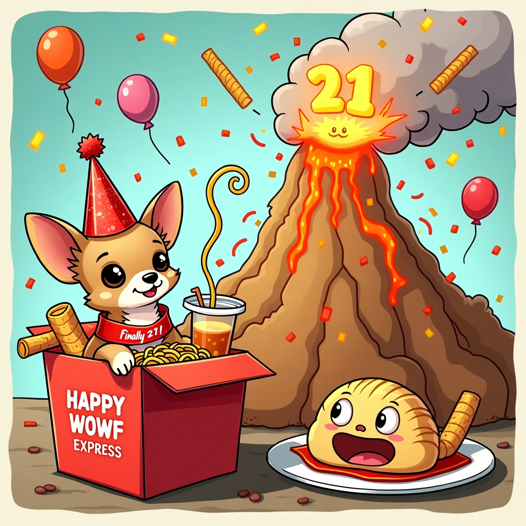 **Prompt:**

A cartoon scene bursting with birthday chaos! In the center, a smug Chihuahua wearing a tiny sparkly party hat and a “Finally 21!” sash lounges inside an oversized Chinese takeaway box labeled "Happy Woof Express." Noodles and spring rolls dangle around it as it sips bubble tea through a curly straw. Nearby, a mashed potato mountain is erupting like a volcano—hot baked beans flowing down the sides like lava—threatening to flood the scene. A surprised party guest (a dumpling with googly eyes) is riding the bean-lava wave on a prawn cracker surfboard, screaming with joy. Balloons float in the background shaped like the number 21, and confetti rains down in the shape of tiny soy sauce packets.

Bright, bold colors with exaggerated cartoon expressions, perfect for celebrating a wacky 21st birthday!
Generated with these themes: 21, Chinese takeaway food , Chihuahua , Baked beans , and Mashed potato .
Made with ❤️ by AI.