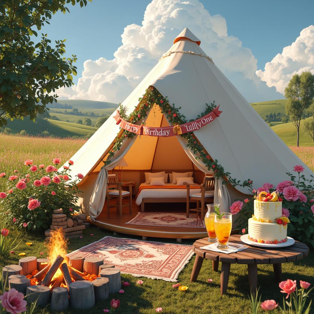 Nestled in a picturesque meadow surrounded by lush greenery and colorful wildflowers, a beautifully detailed glamping setup invites you in. At the center stands a luxurious bell tent, its entrance framed by vibrant rose bushes in full bloom. The tent's inviting interior showcases cozy, plush furnishings, including a king-sized bed adorned with fluffy pillows, a small wooden table, and a soft Persian rug. A hand-painted banner drapes across the entrance, elegantly declaring "Happy Birthday Lully One" while being adorned with delicate roses. Outside, a rustic wooden table is perfectly set, featuring a pitcher of passion fruit martinis that sparkle in the sunlight. The golden liquid in the glasses, garnished with slices of passion fruit and a sprig of mint, beckons guests to indulge in a refreshing drink. Nearby, a beautiful, ornate birthday cake rests on a silver pedestal, decorated with intricate rose patterns and topped with a small sign echoing the festive message "Lully One." To the left, a small campfire crackles cheerfully, with neatly stacked logs standing by its side. Above, fairy lights twinkle like stars, creating a canopy of soft illumination that enhances the magical atmosphere. In the background, rolling hills extend toward the horizon, while a clear blue sky dotted with fluffy clouds whimsically spells out "Lully One." 

Summary: A beautifully detailed glamping setup is celebrated in a tranquil meadow, complete with a luxurious tent, refreshing cocktails, and an ornate birthday cake, all surrounded by vibrant nature and illuminated by fairy lights.  
Generated with these themes: Passion fruit martini, Roses, and Glamping.  
Made with ❤️ by AI.
