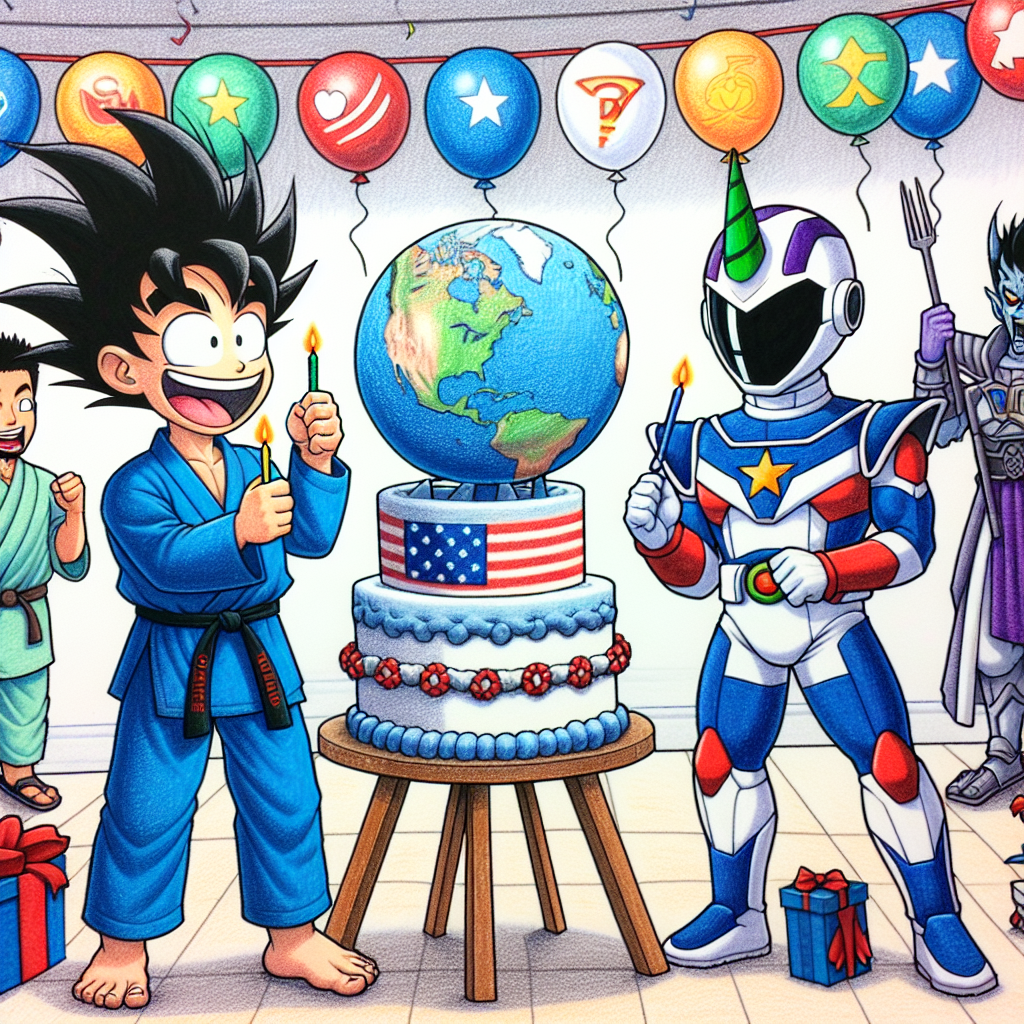 A humorous drawing set in a birthday party environment, where a cheerful young martial artist with spiky black hair and a blue gi is sharing a laugh with a masked superhero in a red and blue costume. Both are holding parts of a colossal cake shaped like our planet Earth, similar to a popular anime series. In the backdrop, a patriotically attired superhero with a round shield and an alien warrior in purple and white robes partake in a playful gift-wrapping contest, surrounded by balloons and streamers carrying symbols reminiscent of eastern animation series and popular comic books.
Generated with these themes: Dragon Ball Z, and Avengers.
Made with ❤️ by AI.